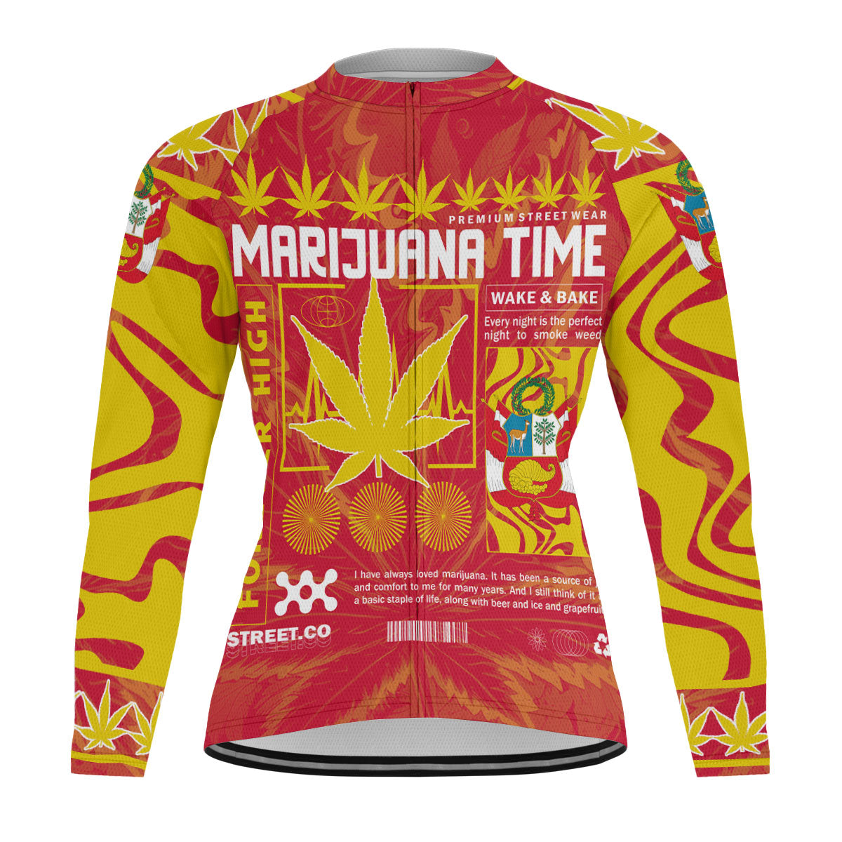 Peru Men's Cycling Jersey Long Sleeve Flag & Coat Of Arms Marijuanas Style