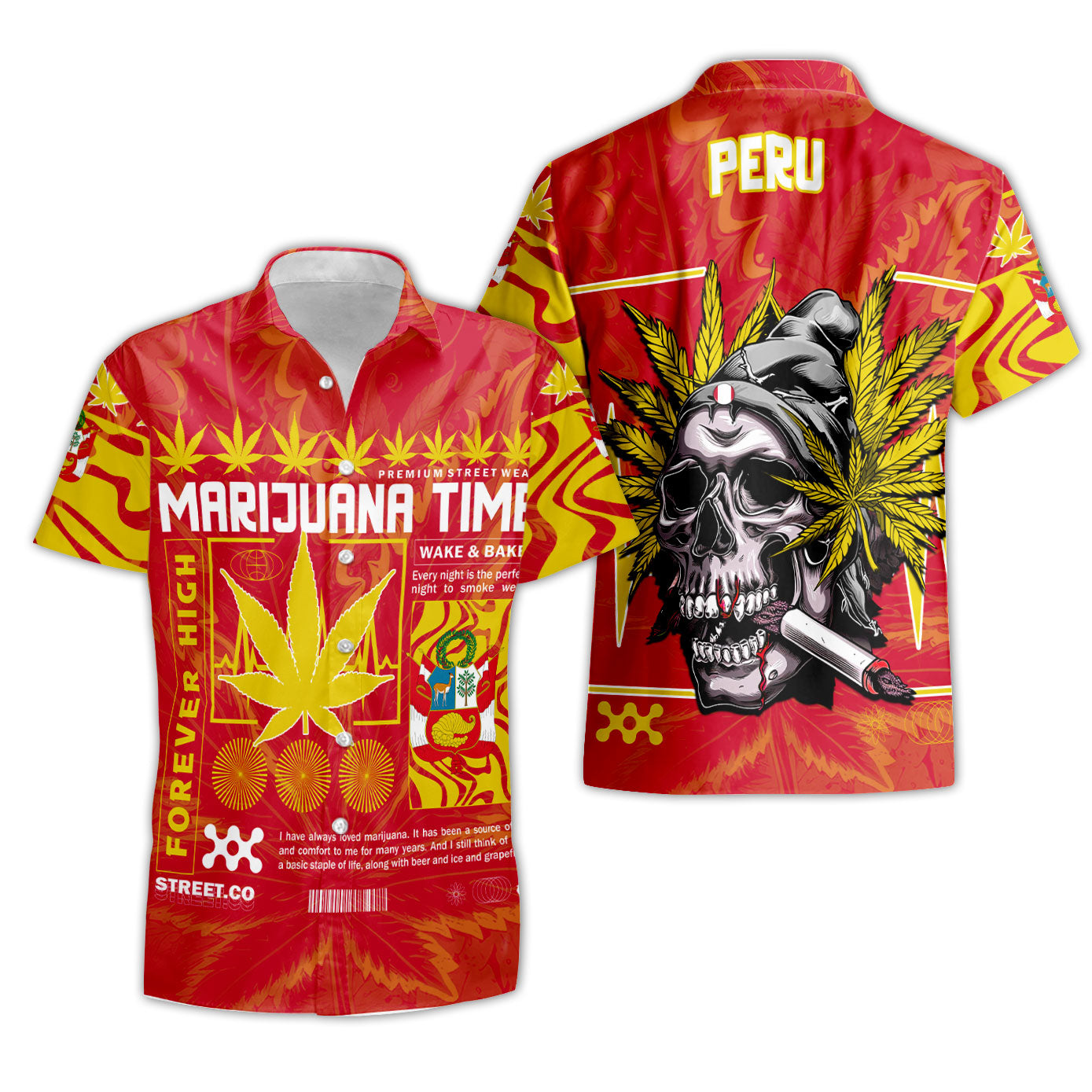 Peru Short Sleeve Shirt Flag & Coat Of Arms Marijuanas Style