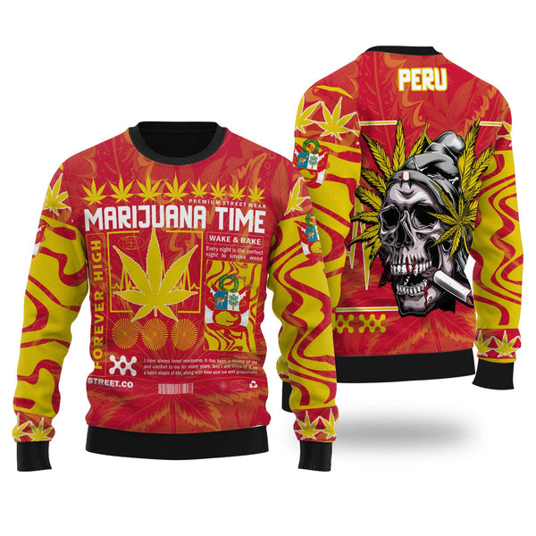 Peru Ugly Sweater Flag & Coat Of Arms Marijuanas Style