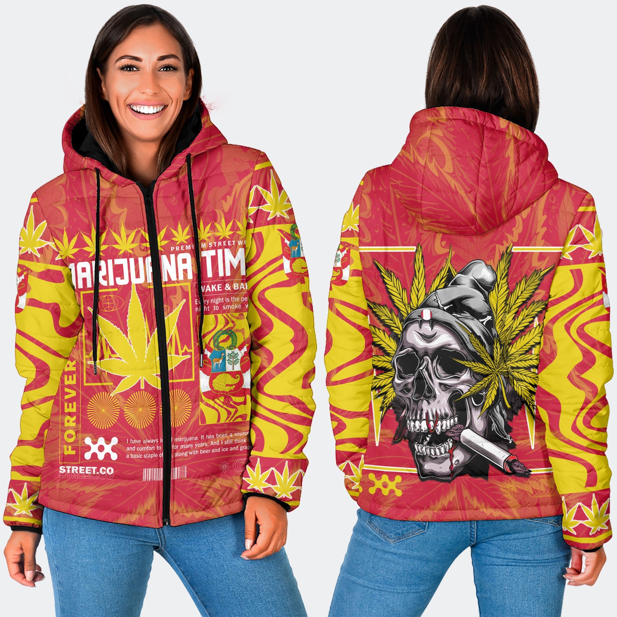 Peru Women Hooded Padded Jacket Flag & Coat Of Arms Marijuanas Style