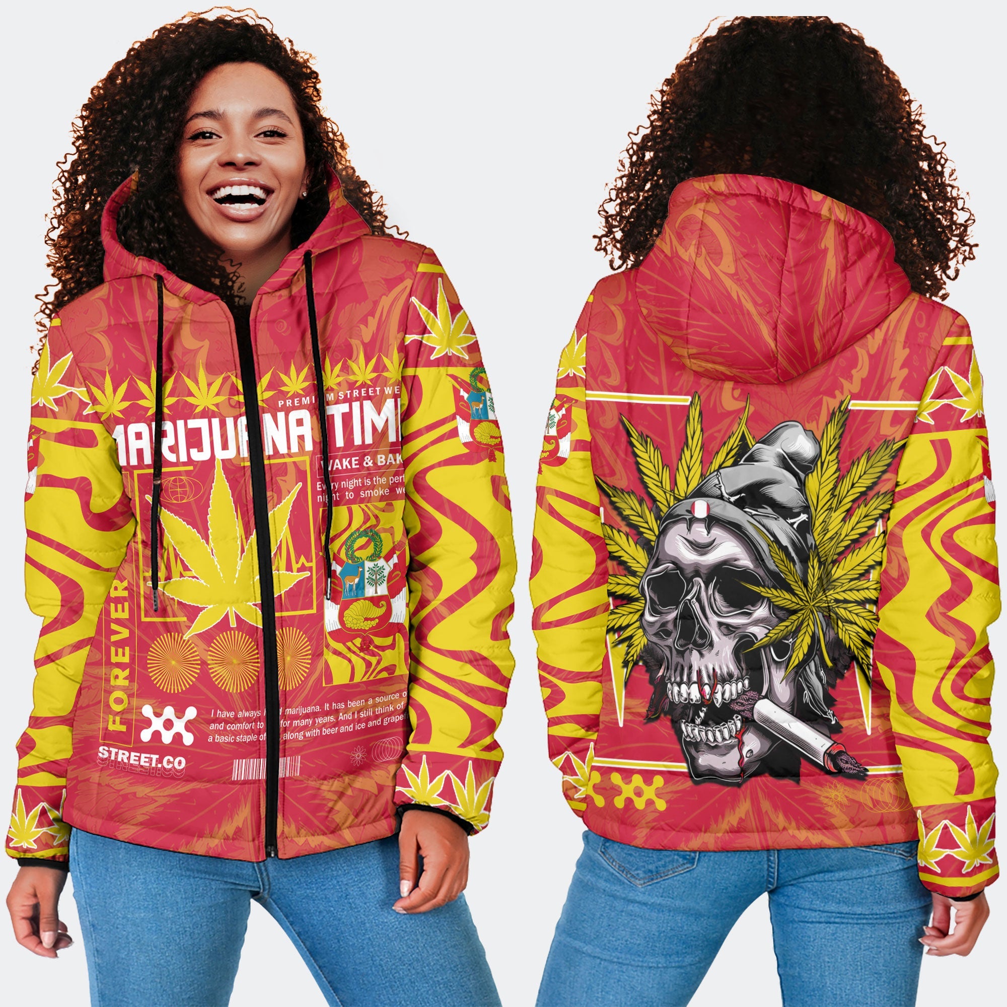 Peru Women Hooded Padded Jacket Flag & Coat Of Arms Marijuanas Style