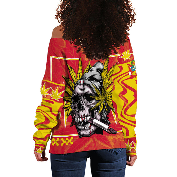 Peru Women Off Shoulder Sweatshirt Flag & Coat Of Arms Marijuanas Style