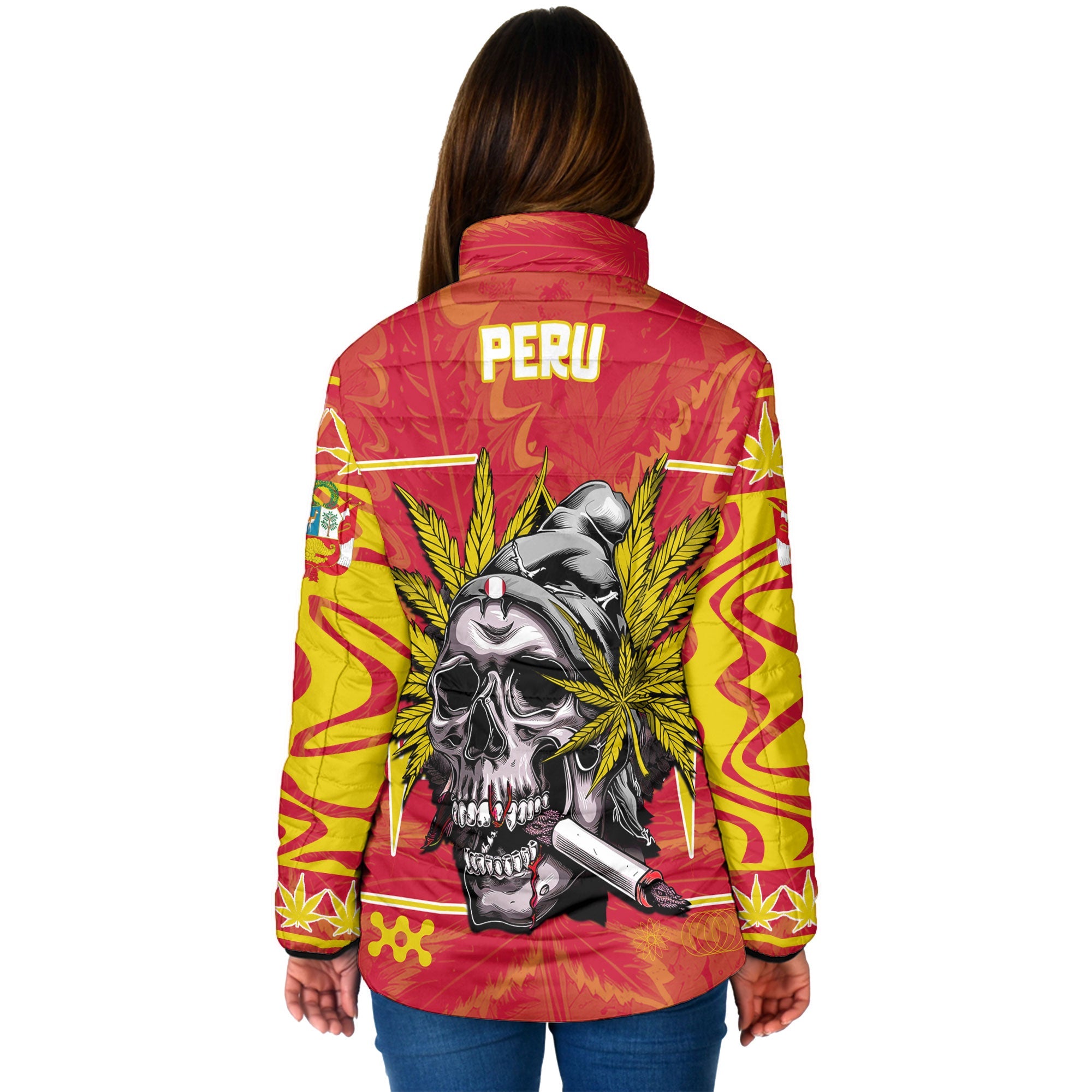 Peru Women Padded Jacket Flag & Coat Of Arms Marijuanas Style