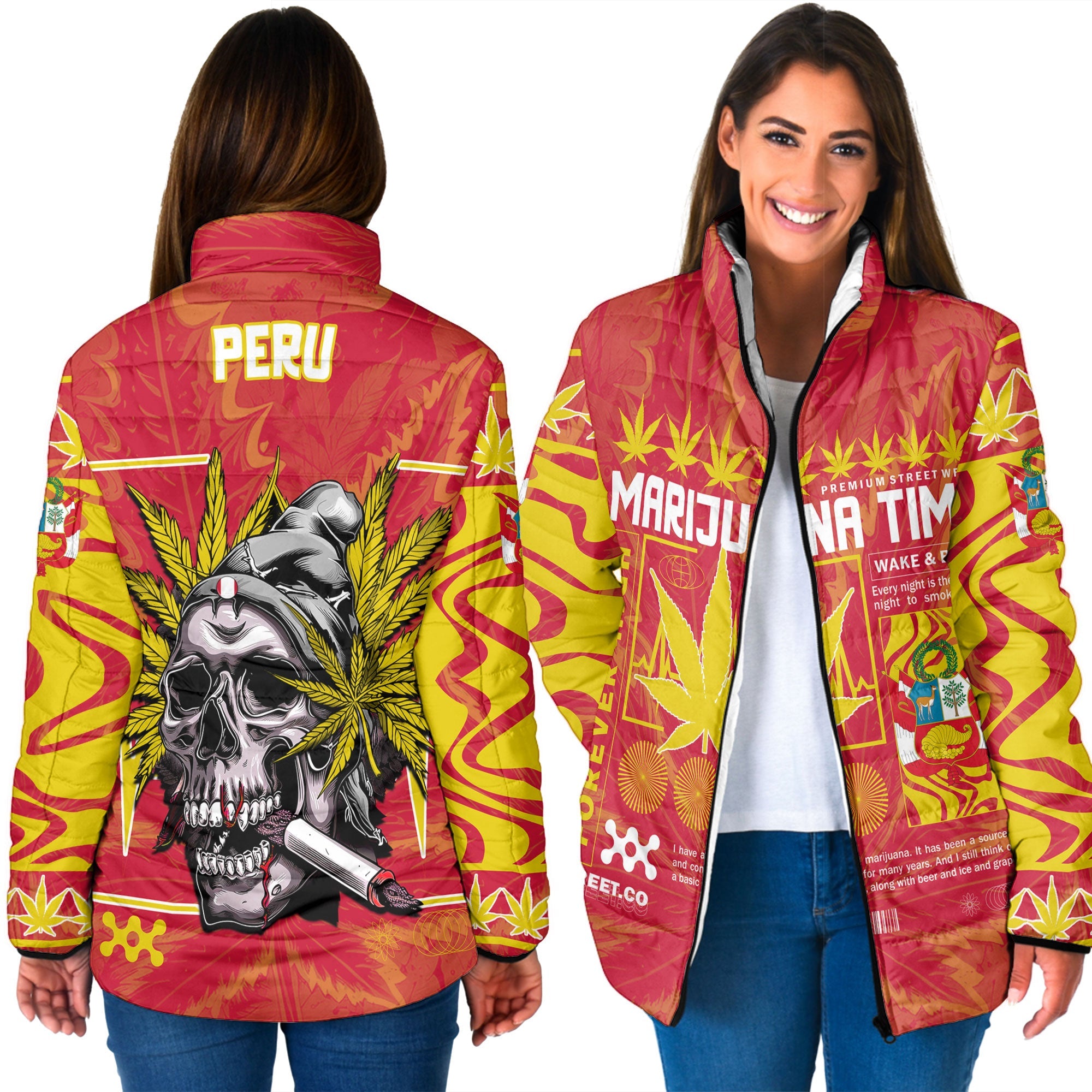 Peru Women Padded Jacket Flag & Coat Of Arms Marijuanas Style