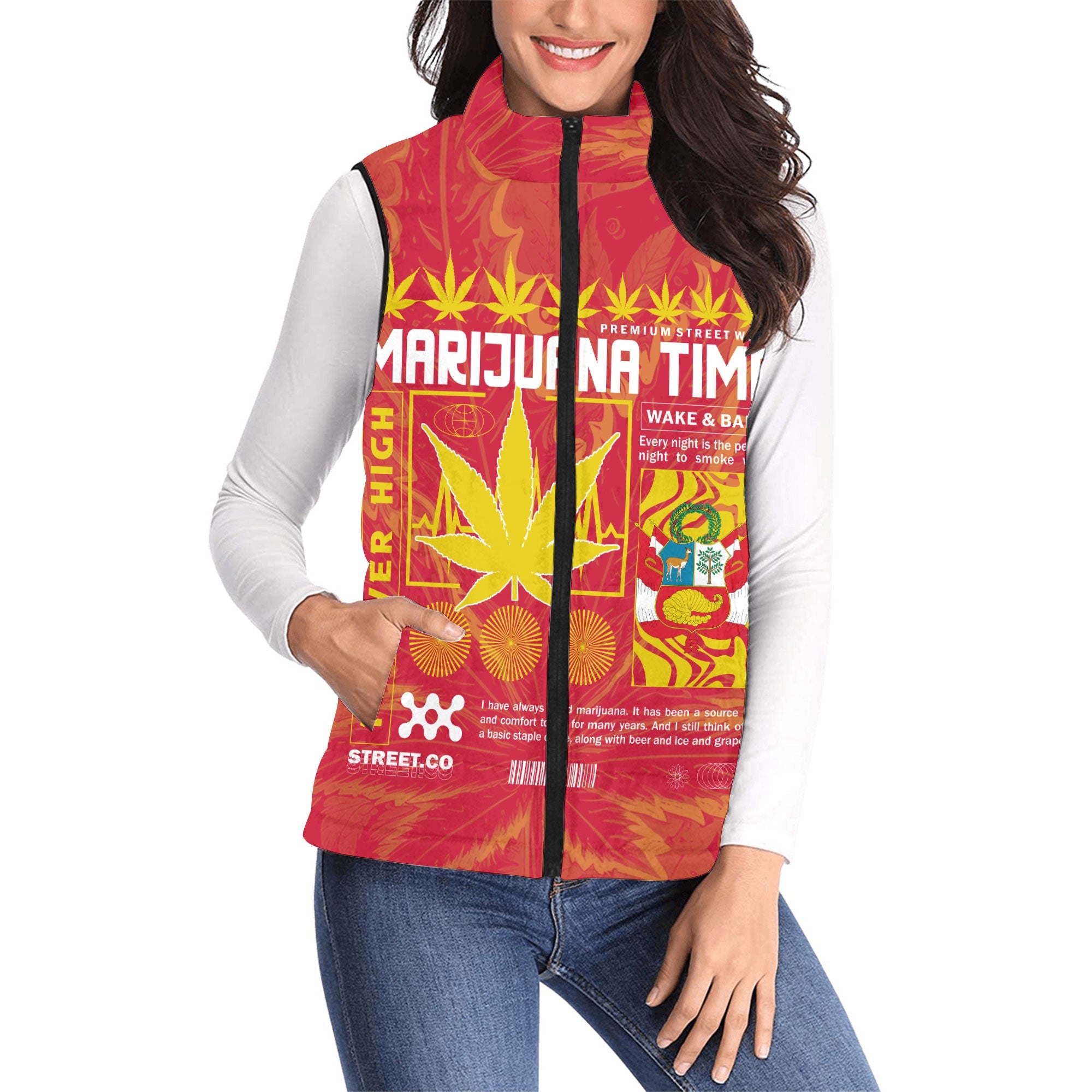 Peru Women Padded Jacket Vest Flag & Coat Of Arms Marijuanas Style