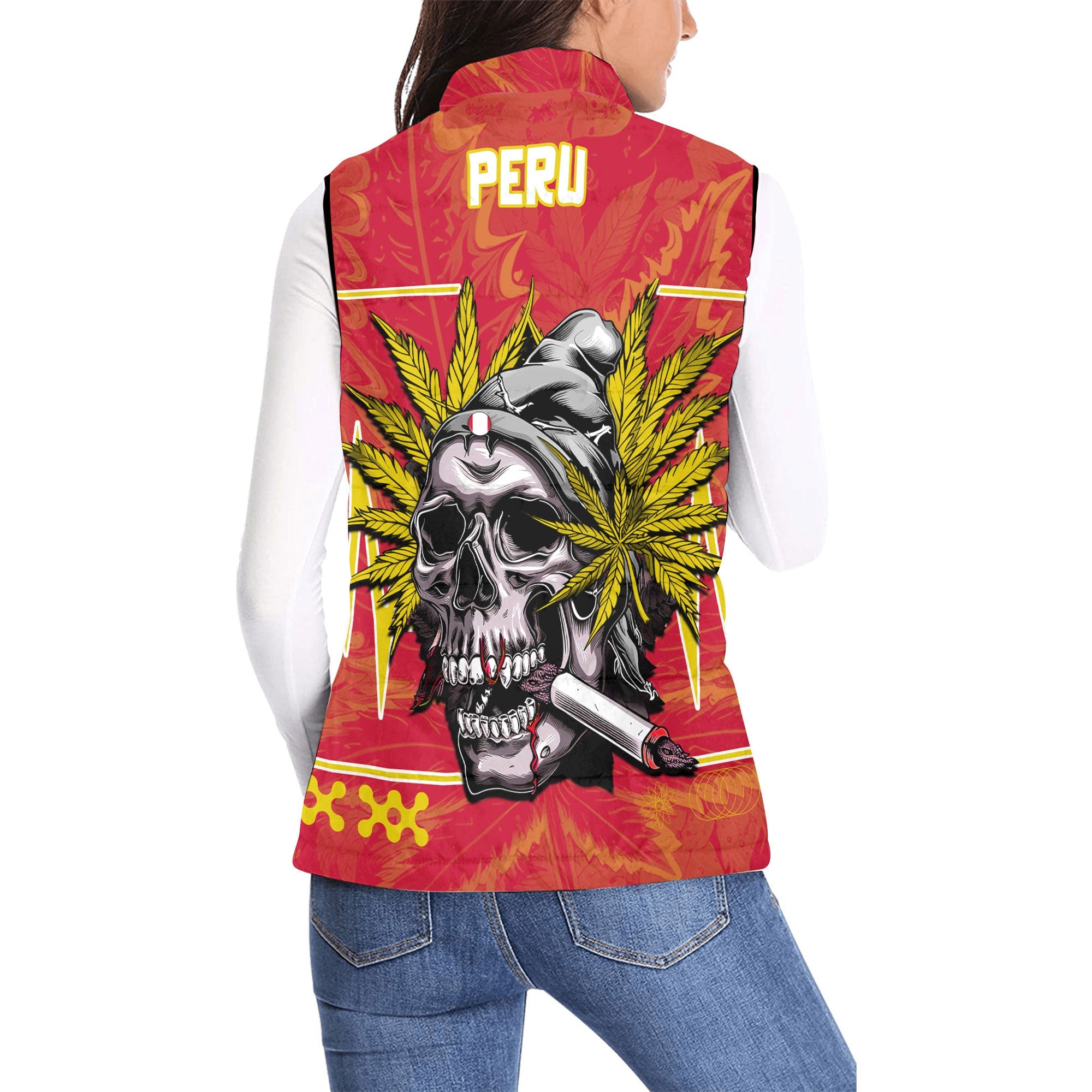 Peru Women Padded Jacket Vest Flag & Coat Of Arms Marijuanas Style