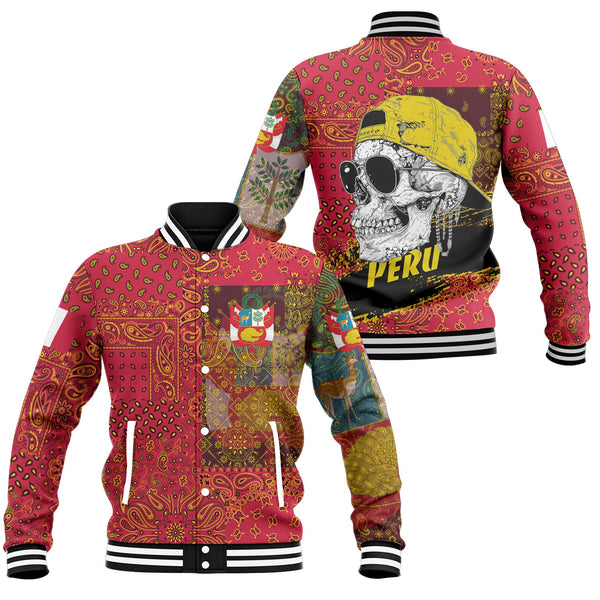 Peru Baseball Jacket Paisley Flag And Skull Style 1