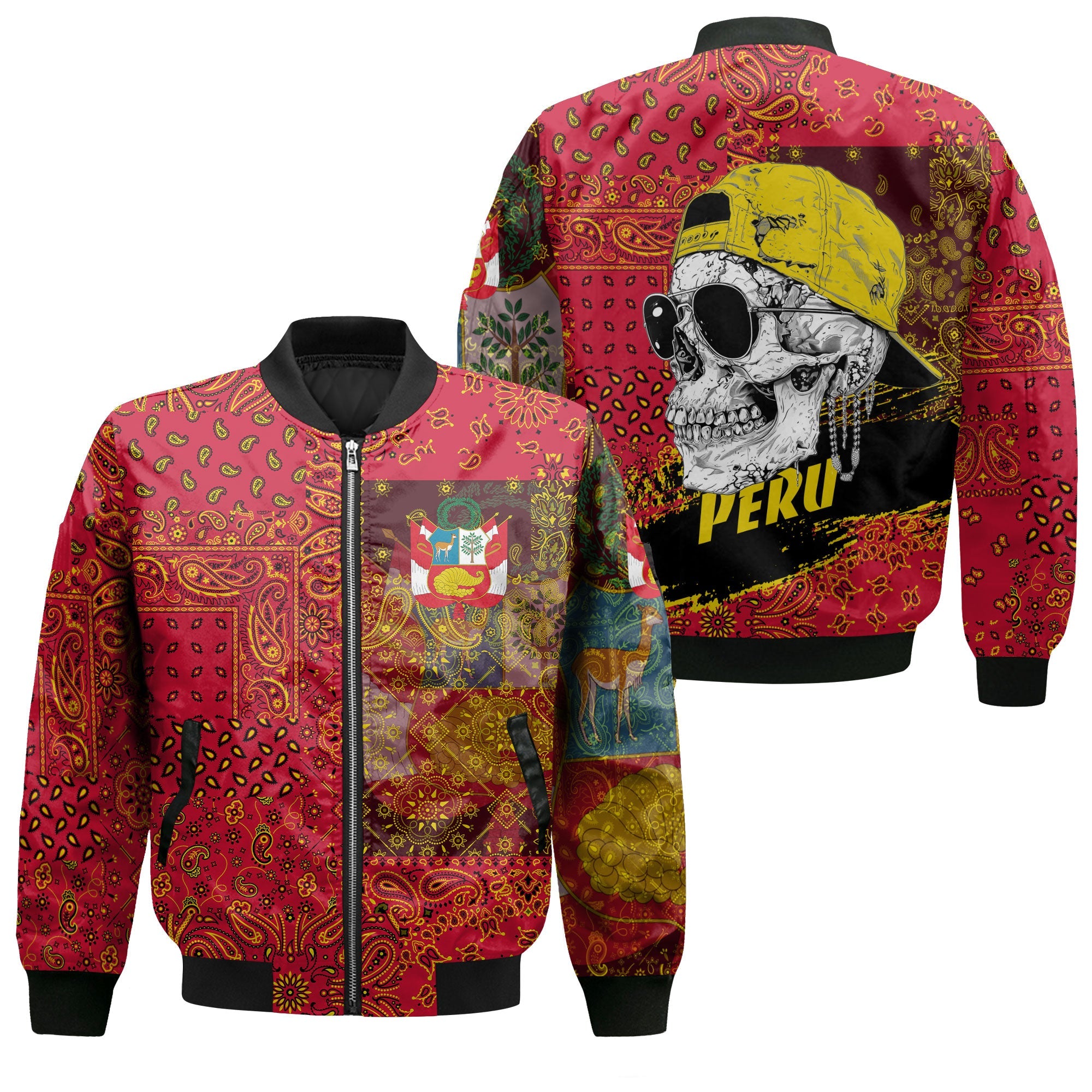 Peru Bomber Jacket Paisley Flag And Skull Style 1