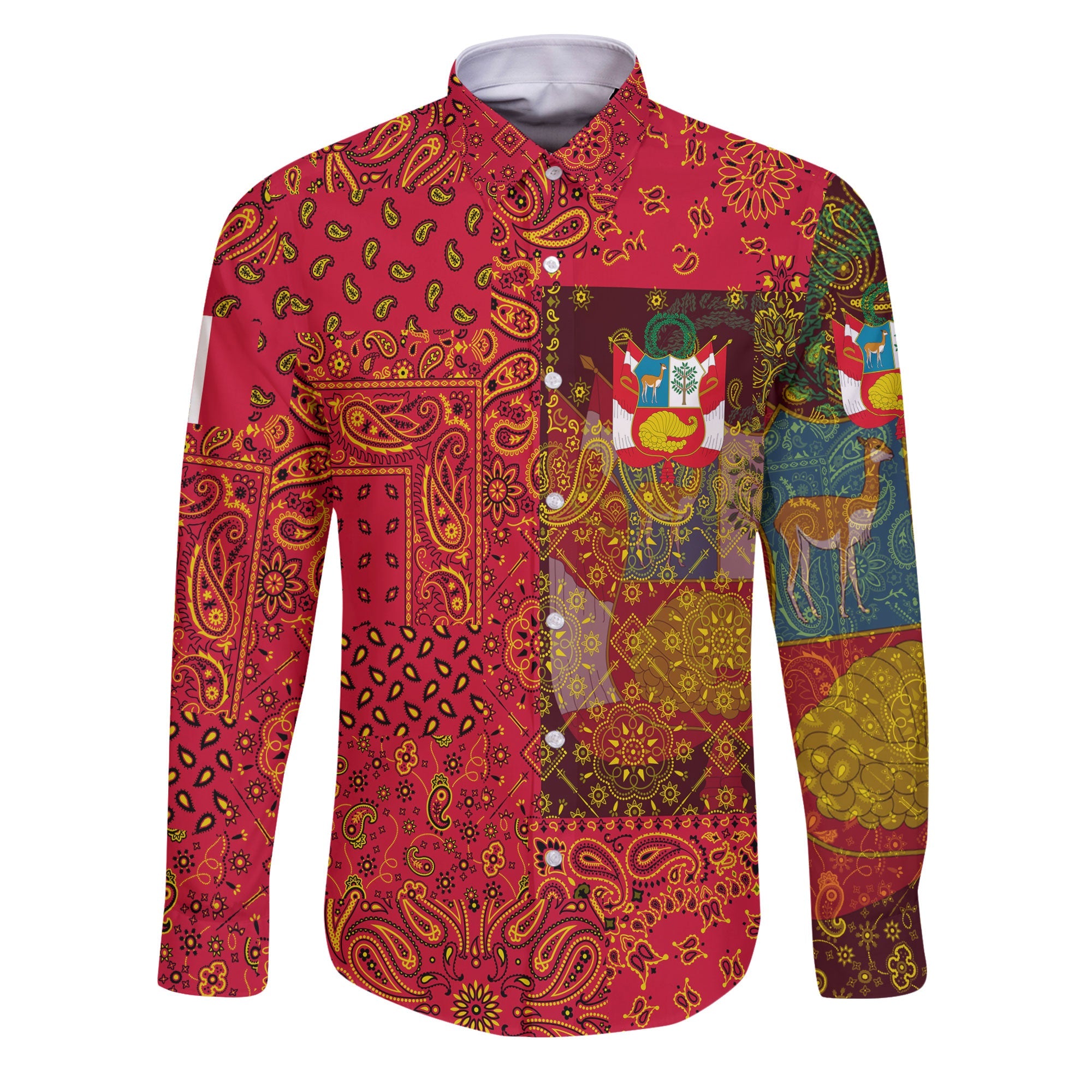 Peru Long Sleeve Button Shirt Paisley Flag And Skull Style 1