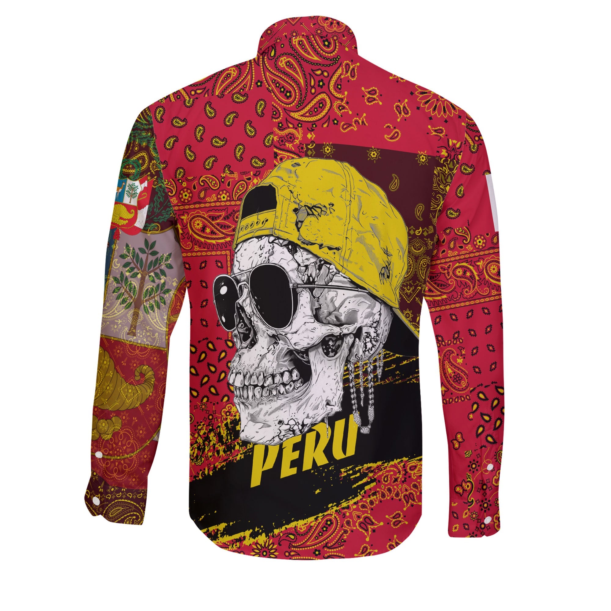 Peru Long Sleeve Button Shirt Paisley Flag And Skull Style 2