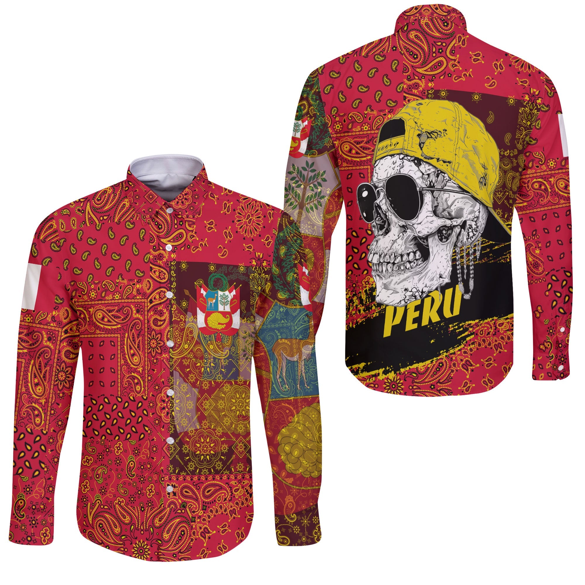 Peru Long Sleeve Button Shirt Paisley Flag And Skull Style 3