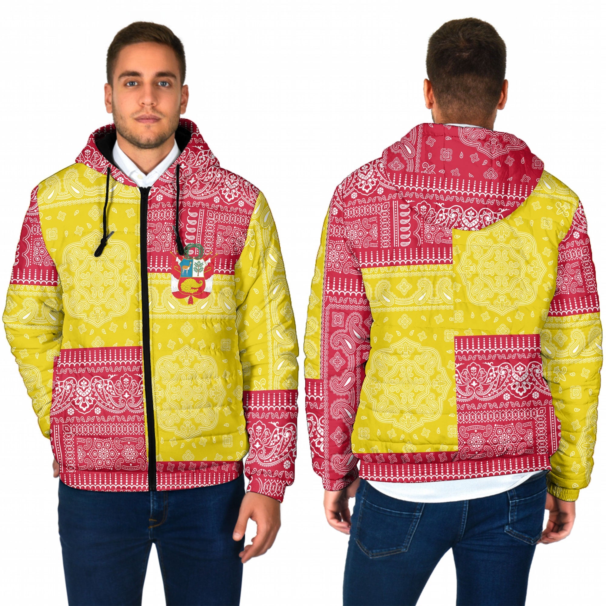 Peru Men Hooded Padded Jacket Flag And Paisley Basic Style 1