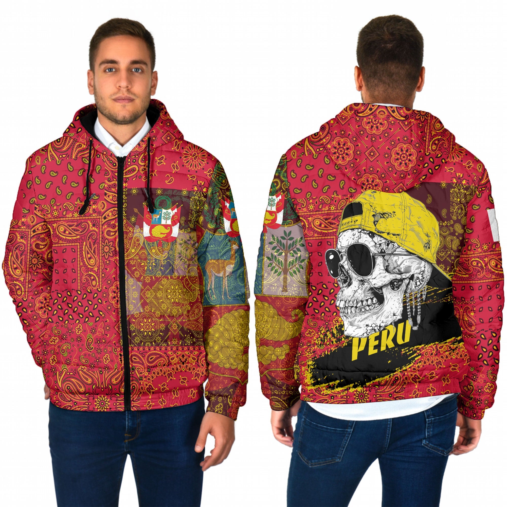 Peru Men Hooded Padded Jacket Paisley Flag And Skull Style 1