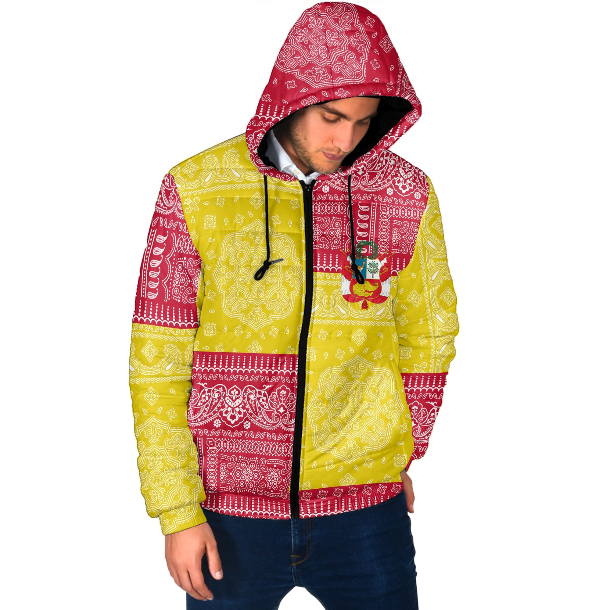 Peru Men Hooded Padded Jacket Flag And Paisley Basic Style 2