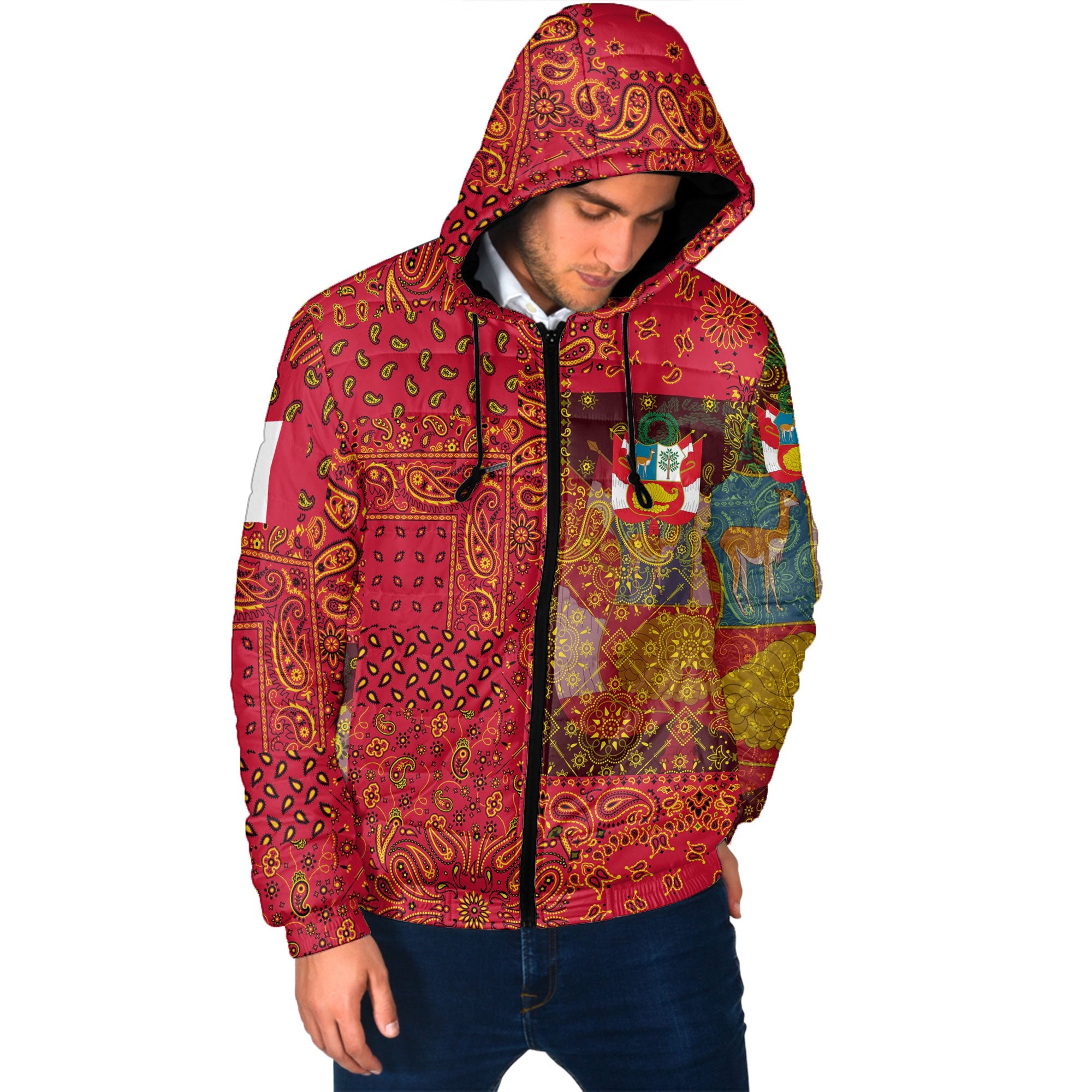 Peru Men Hooded Padded Jacket Paisley Flag And Skull Style 2