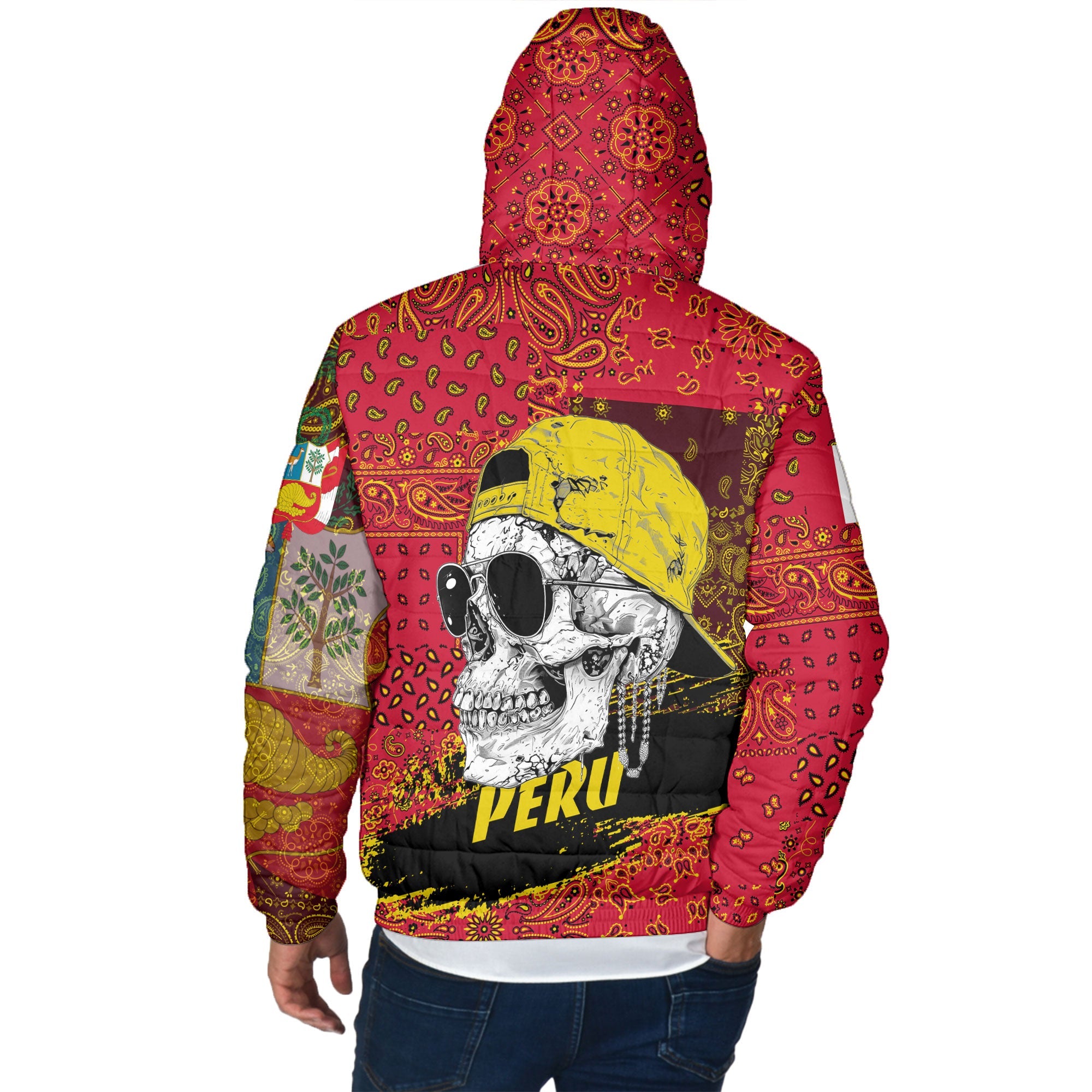 Peru Men Hooded Padded Jacket Paisley Flag And Skull Style 3