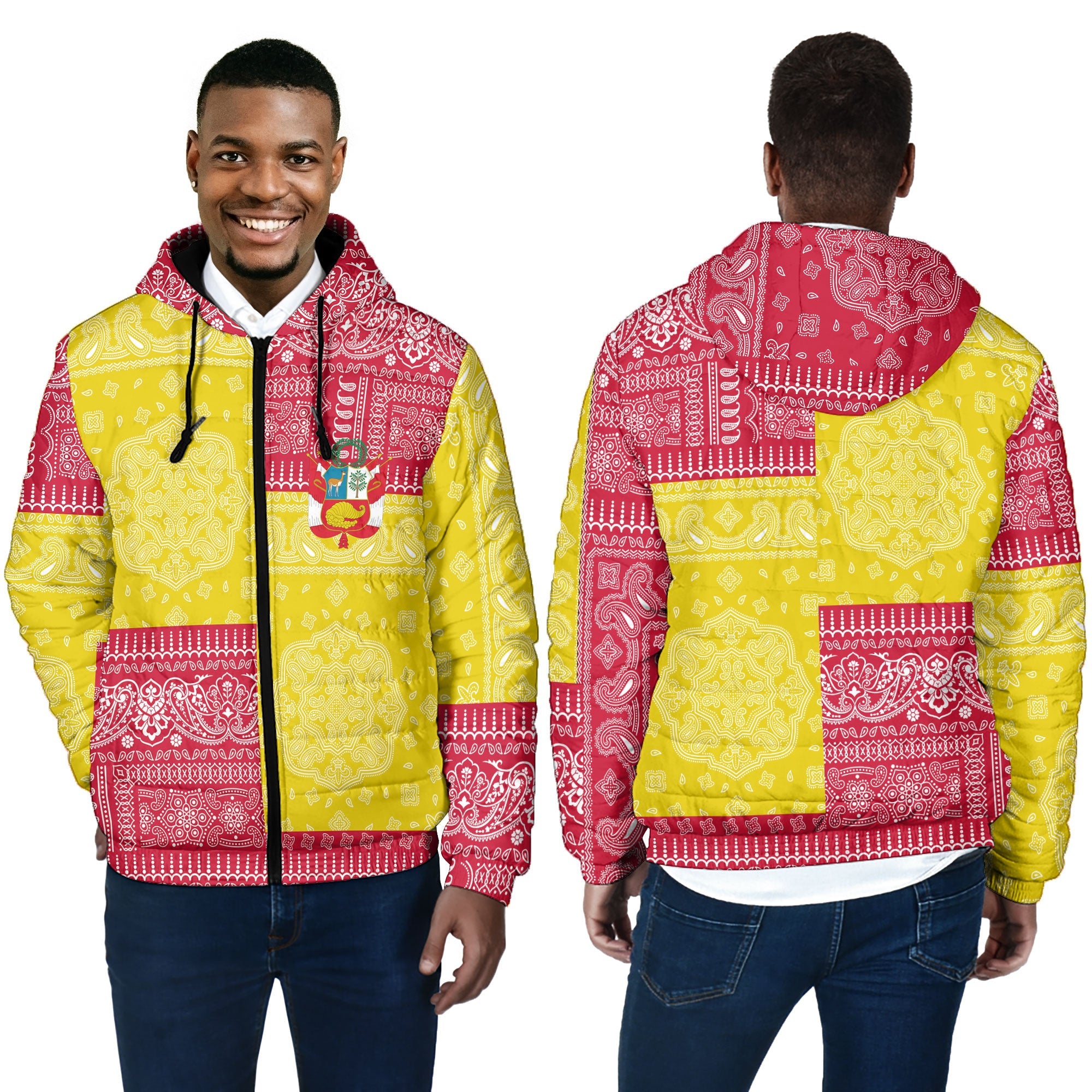 Peru Men Hooded Padded Jacket Flag And Paisley Basic Style 4