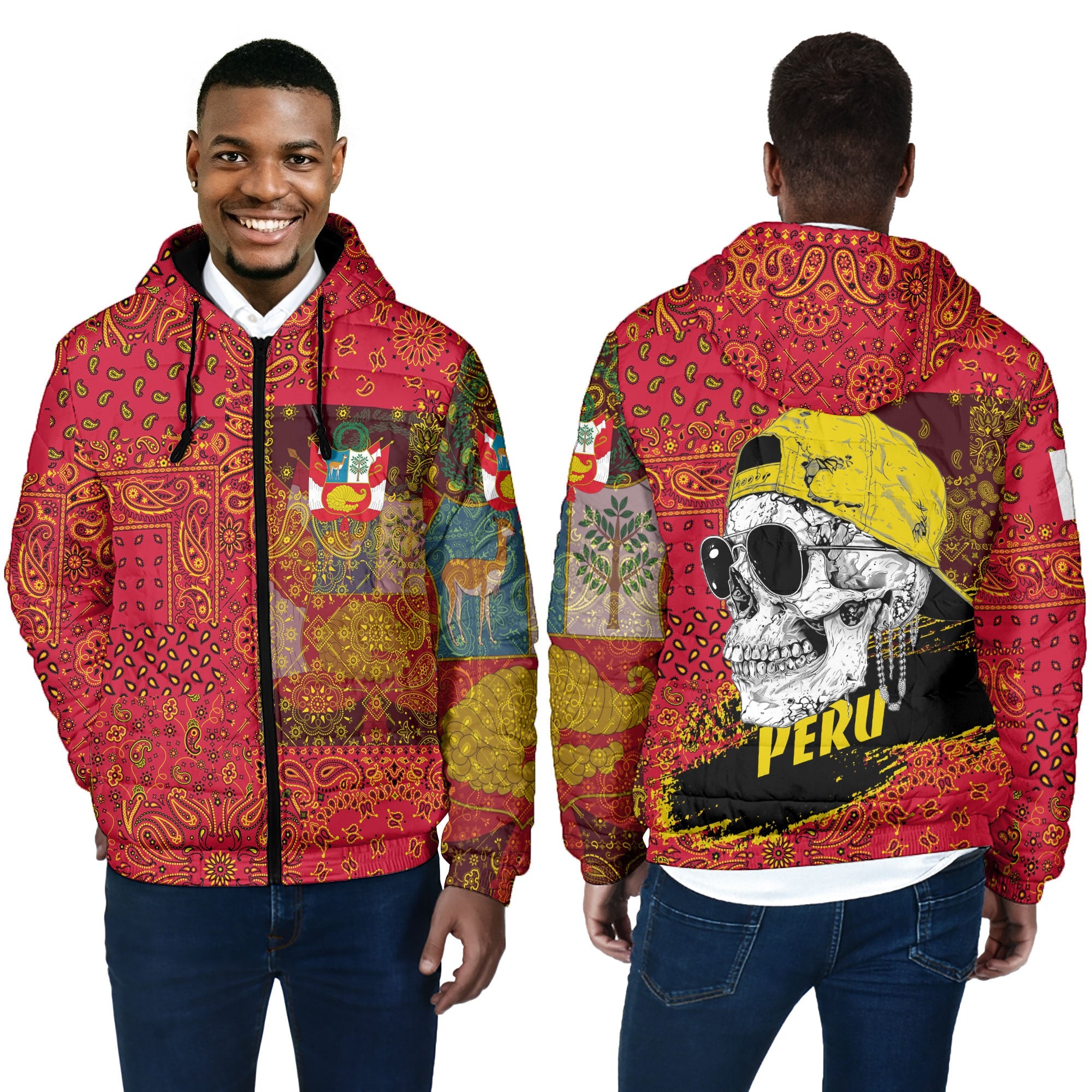 Peru Men Hooded Padded Jacket Paisley Flag And Skull Style 4