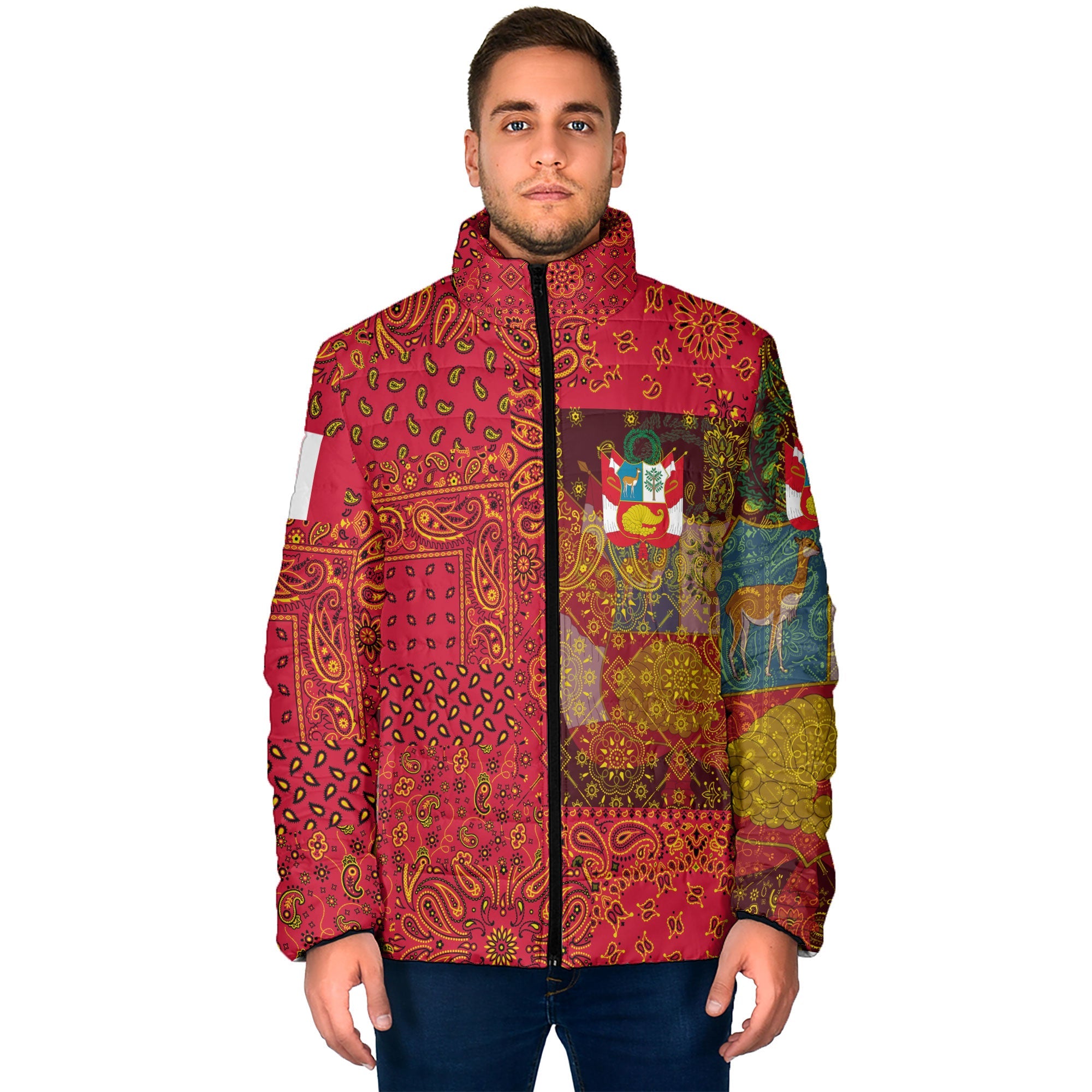 Peru Men Padded Jacket Paisley Flag And Skull Style 1