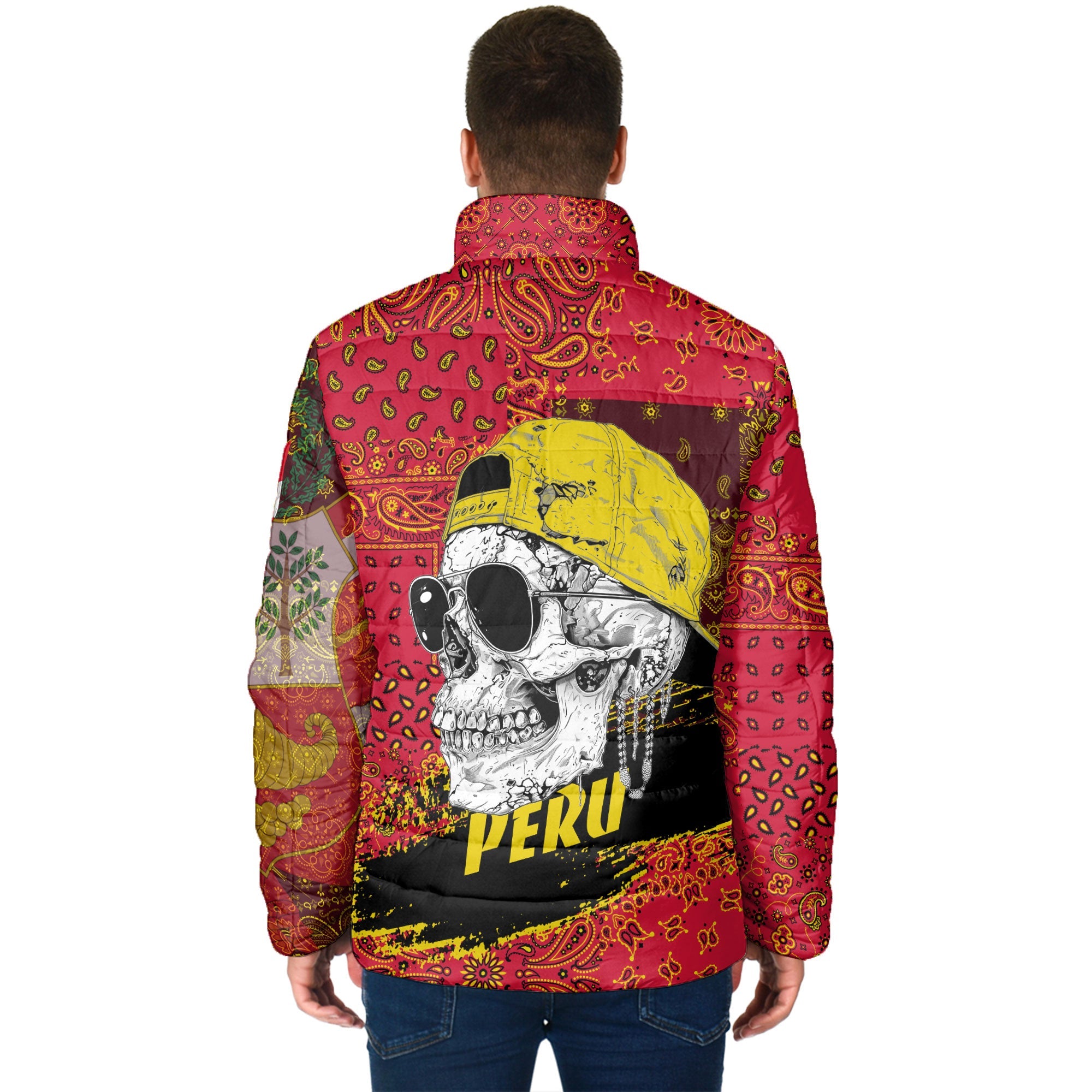 Peru Men Padded Jacket Paisley Flag And Skull Style 2