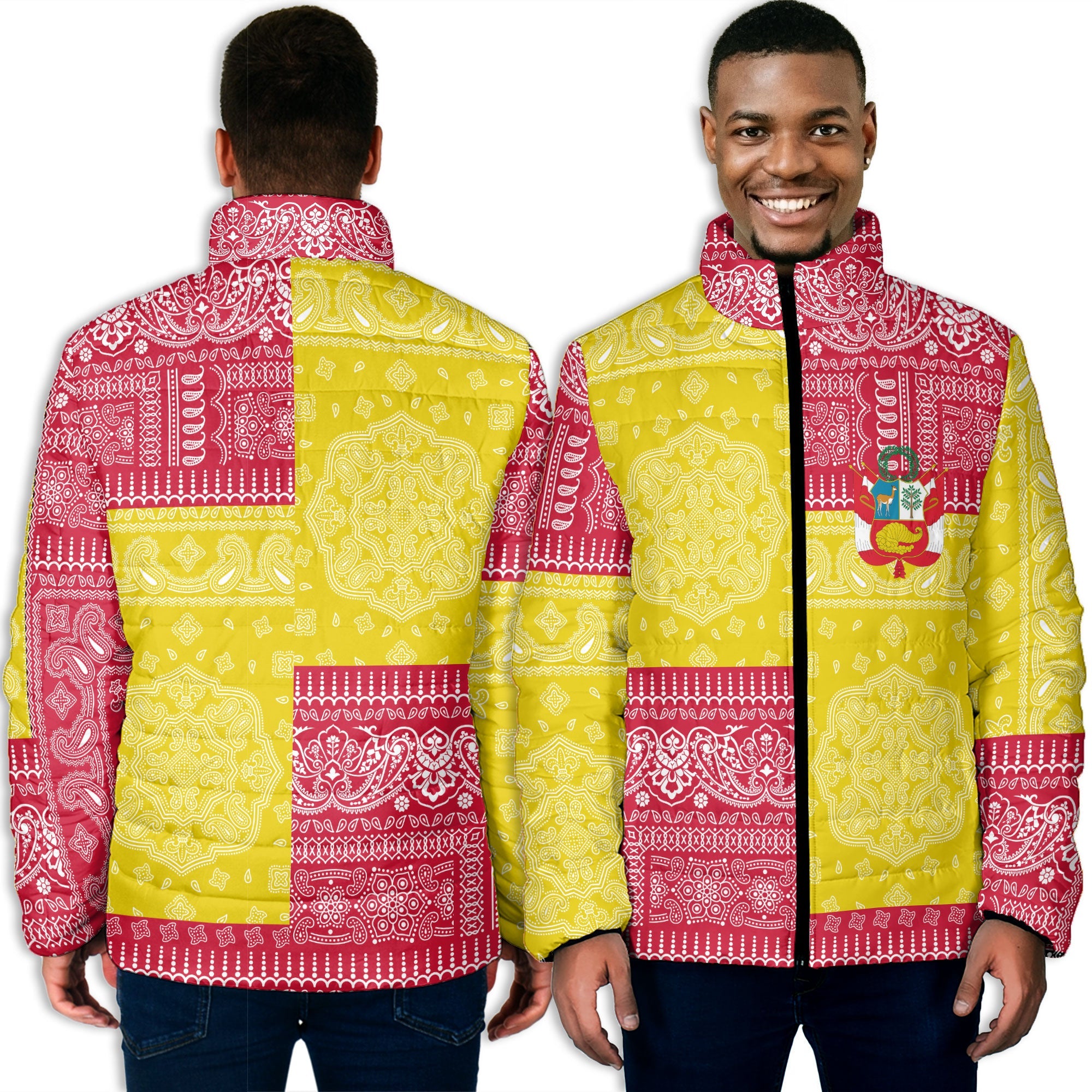 Peru Men Padded Jacket Flag And Paisley Basic Style 3