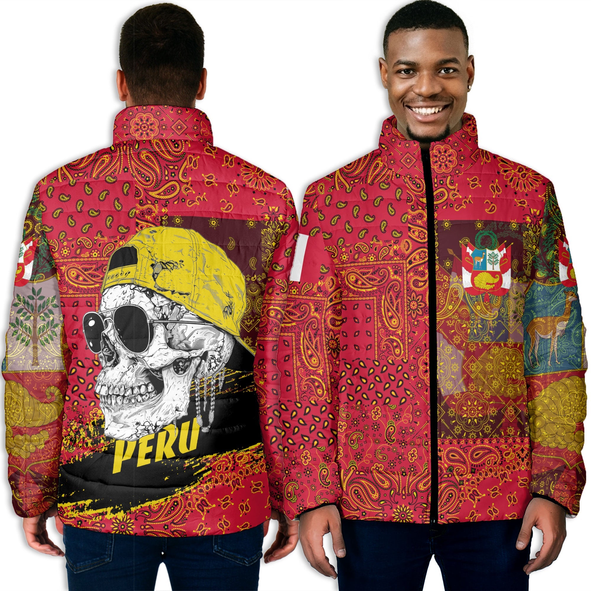 Peru Men Padded Jacket Paisley Flag And Skull Style 3