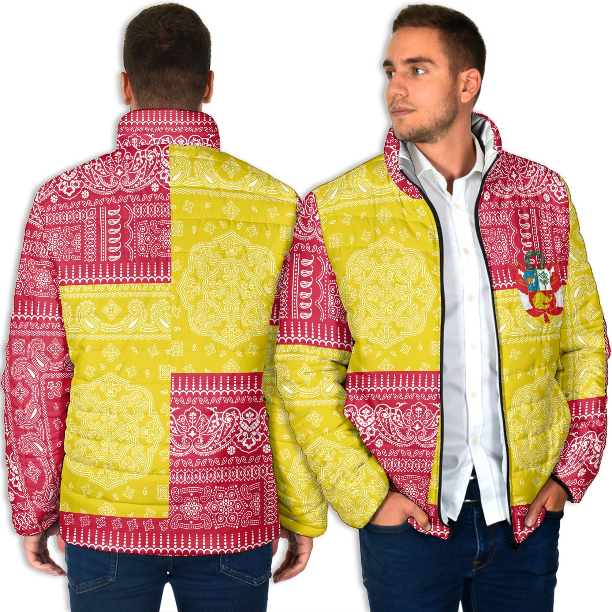 Peru Men Padded Jacket Flag And Paisley Basic Style 4