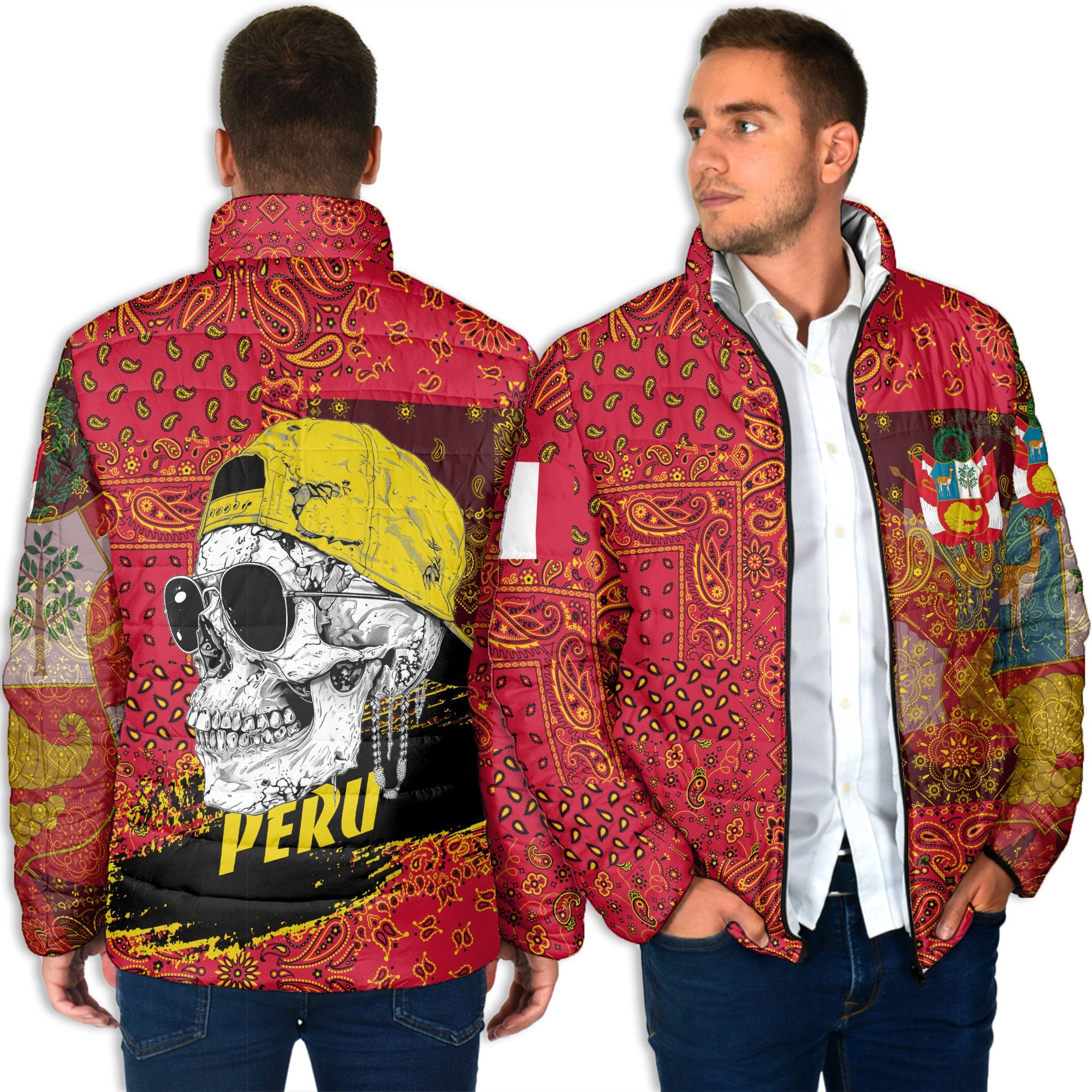 Peru Men Padded Jacket Paisley Flag And Skull Style 4