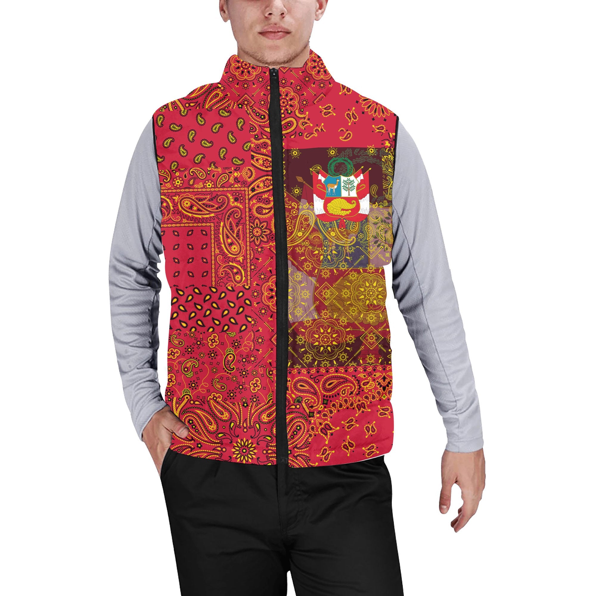 Peru Men Padded Jacket Vest Paisley Flag And Skull Style 1