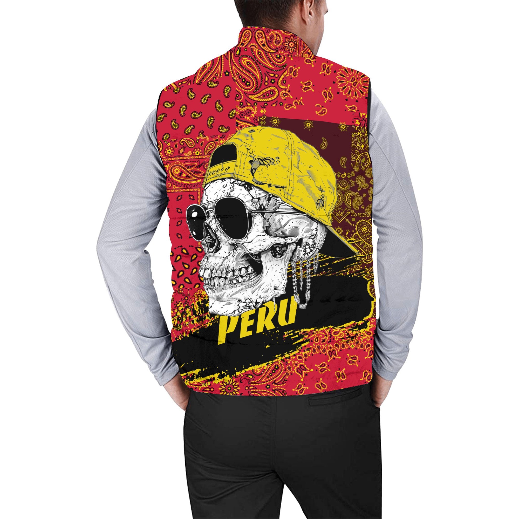 Peru Men Padded Jacket Vest Paisley Flag And Skull Style 2