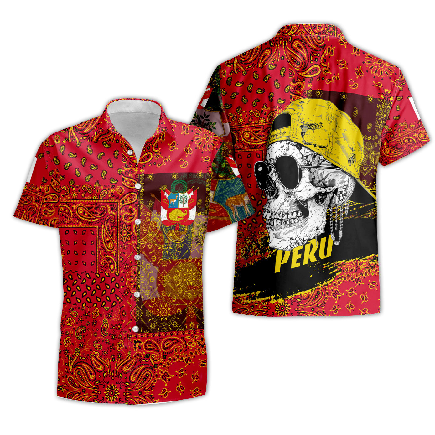 Peru Short Sleeve Shirt Paisley Flag And Skull Style 3