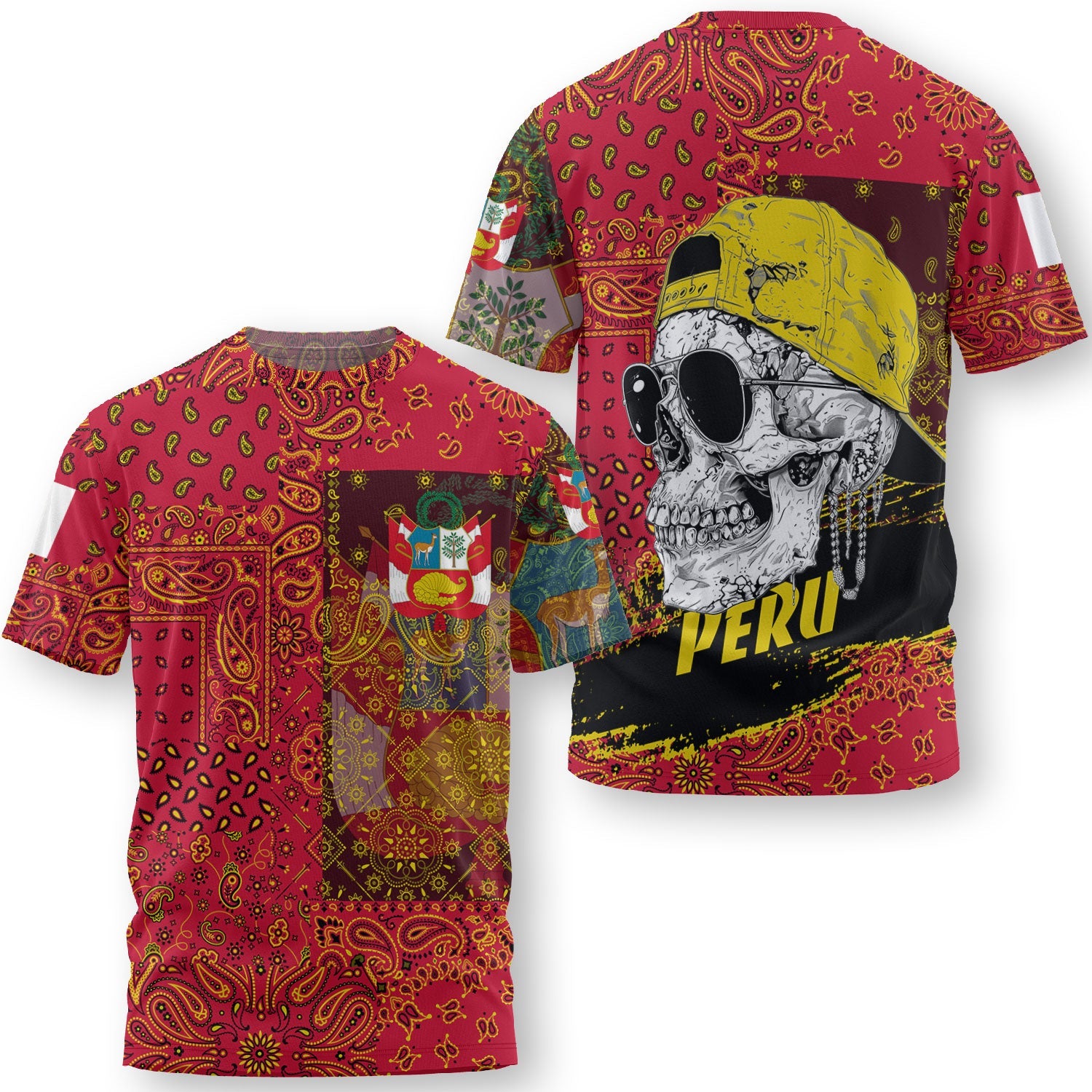 Peru T Shirt Paisley Flag And Skull Style 3