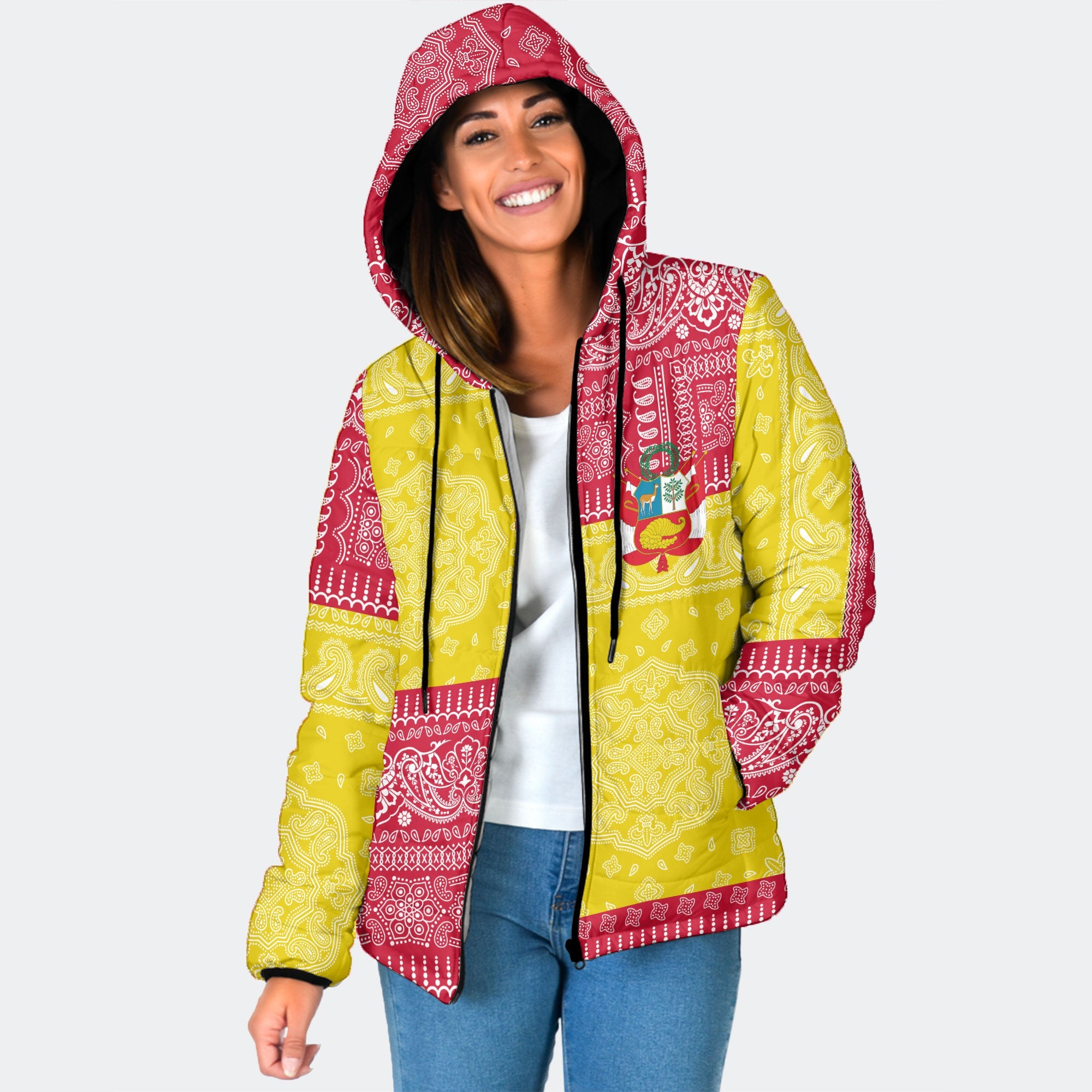 Peru Women Hooded Padded Jacket Flag And Paisley Basic Style 1