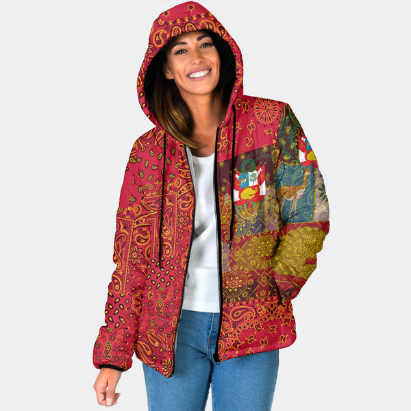 Peru Women Hooded Padded Jacket Paisley Flag And Skull Style 1