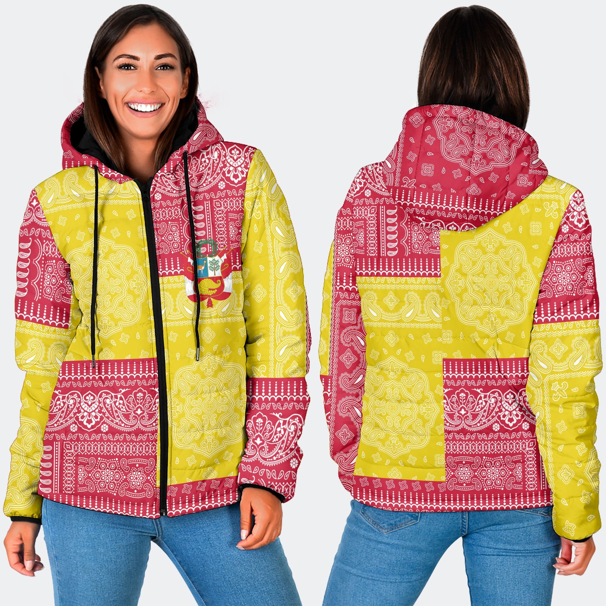 Peru Women Hooded Padded Jacket Flag And Paisley Basic Style 3