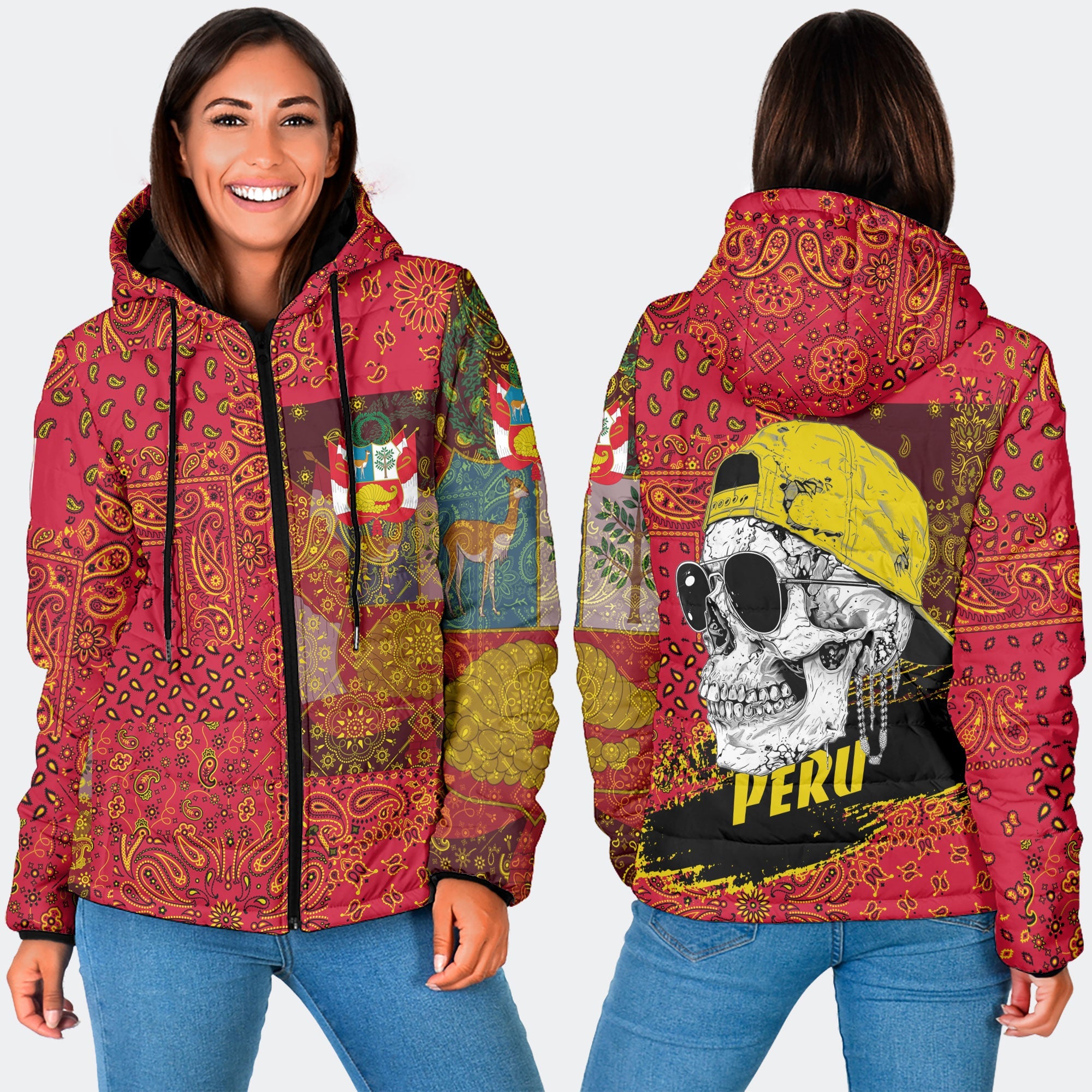 Peru Women Hooded Padded Jacket Paisley Flag And Skull Style 3