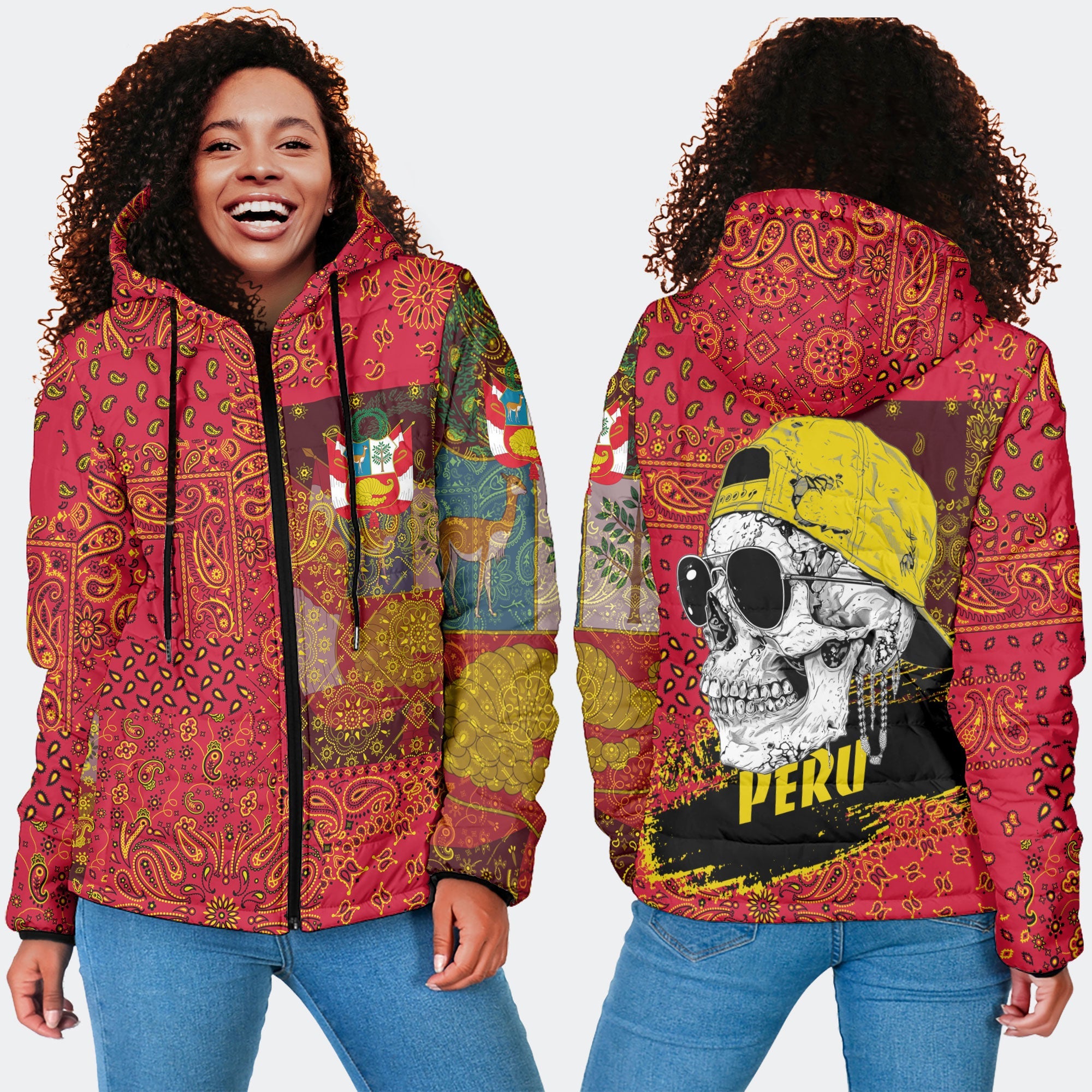 Peru Women Hooded Padded Jacket Paisley Flag And Skull Style 4