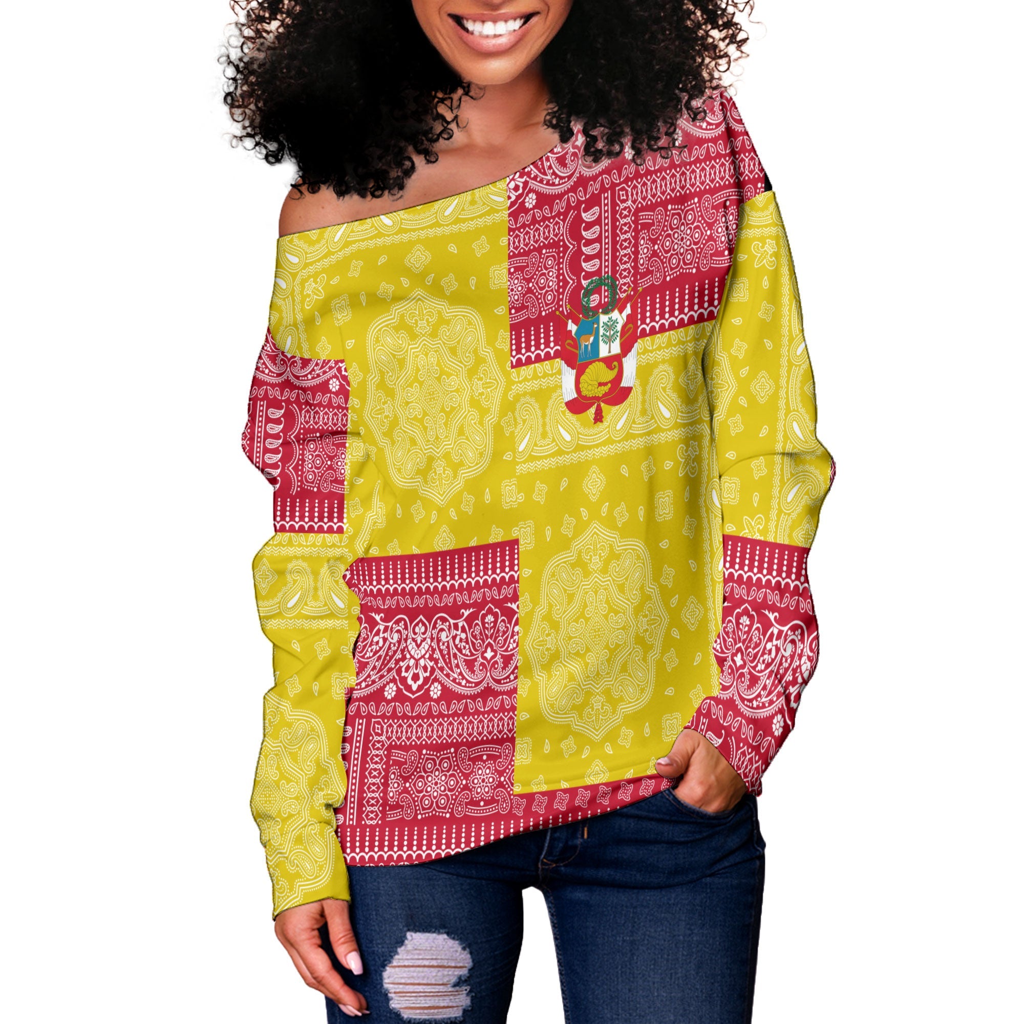 Peru Women Off Shoulder Sweatshirt Flag And Paisley Basic Style 2