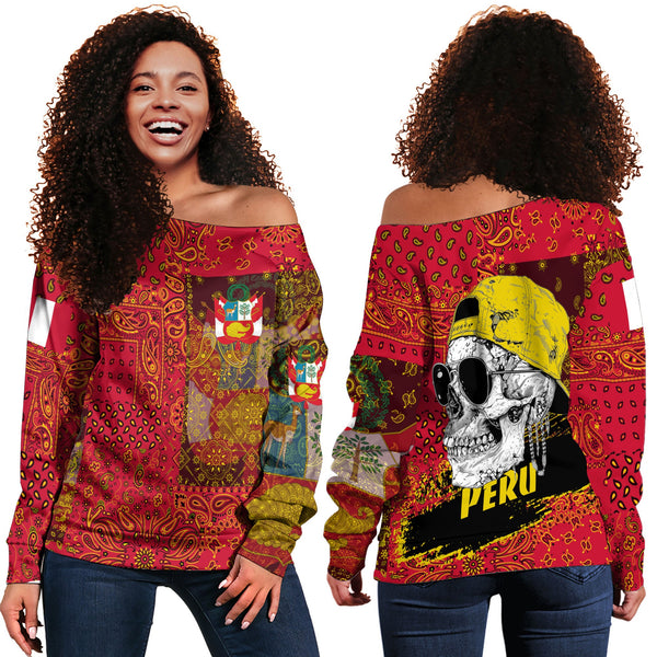 Peru Women Off Shoulder Sweatshirt Paisley Flag And Skull Style 1