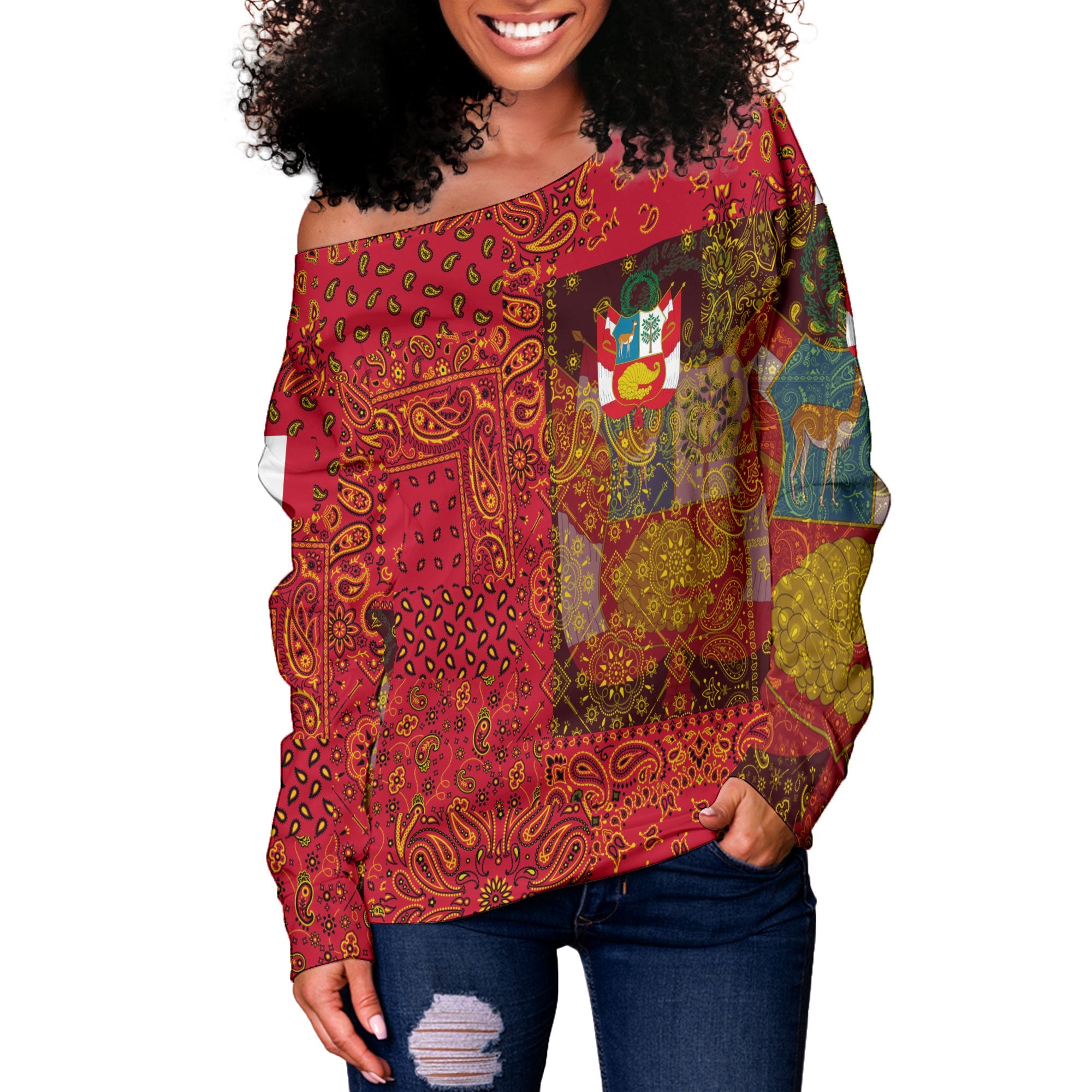 Peru Women Off Shoulder Sweatshirt Paisley Flag And Skull Style 2