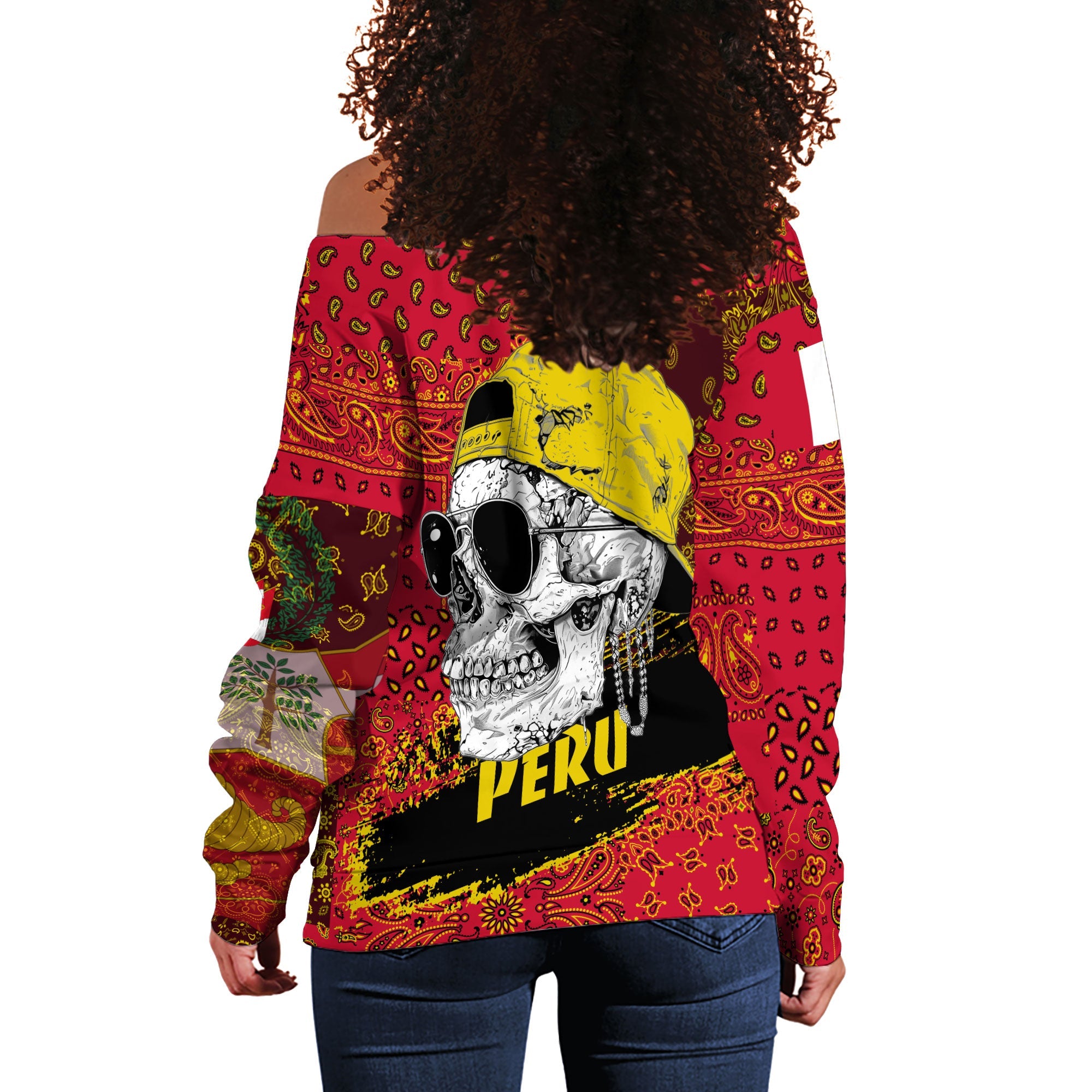 Peru Women Off Shoulder Sweatshirt Paisley Flag And Skull Style 3