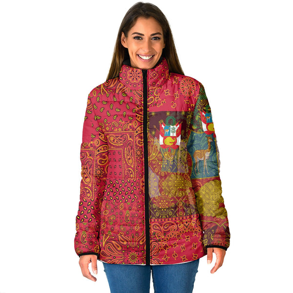 Peru Women Padded Jacket Paisley Flag And Skull Style 1