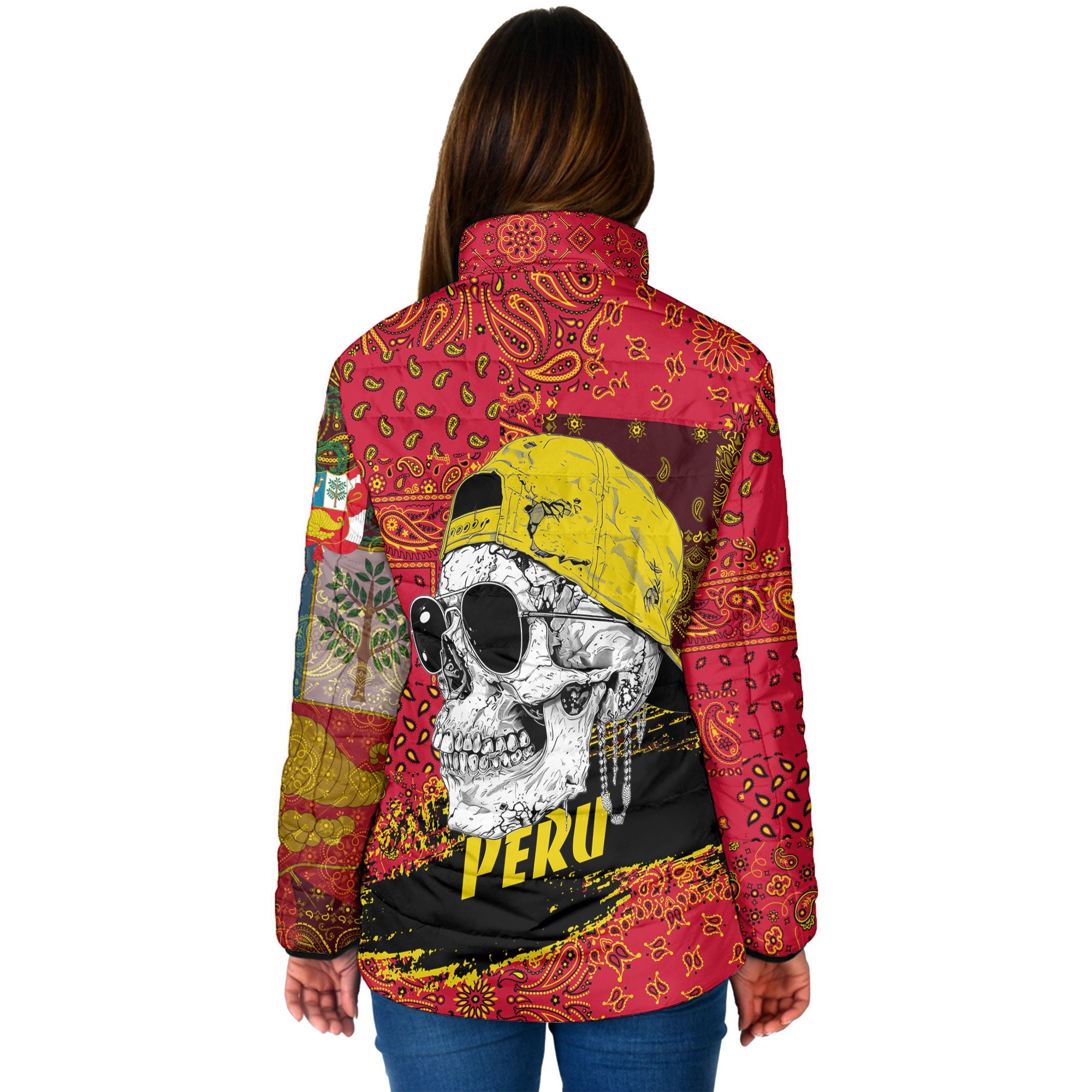 Peru Women Padded Jacket Paisley Flag And Skull Style 2