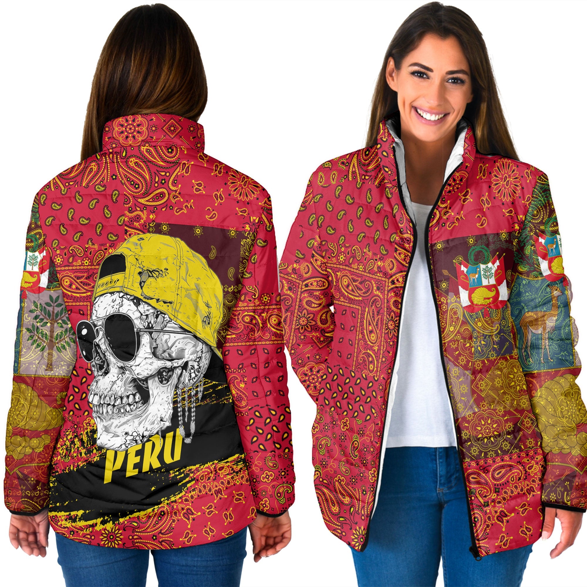 Peru Women Padded Jacket Paisley Flag And Skull Style 3