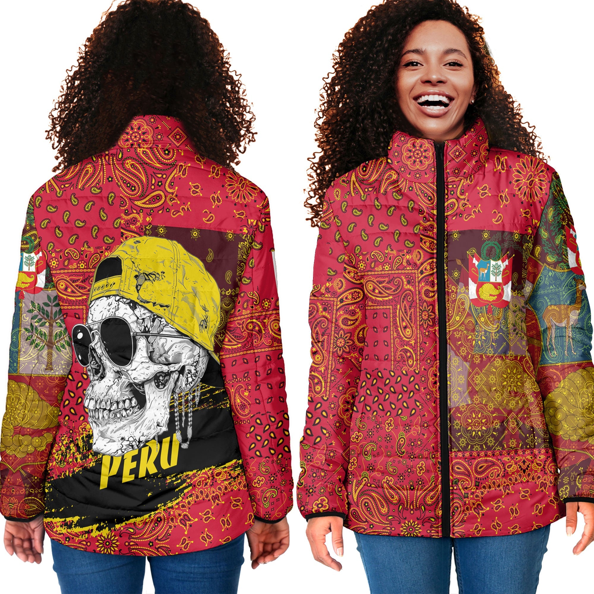 Peru Women Padded Jacket Paisley Flag And Skull Style 4