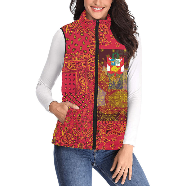 Peru Women Padded Jacket Vest Paisley Flag And Skull Style 1