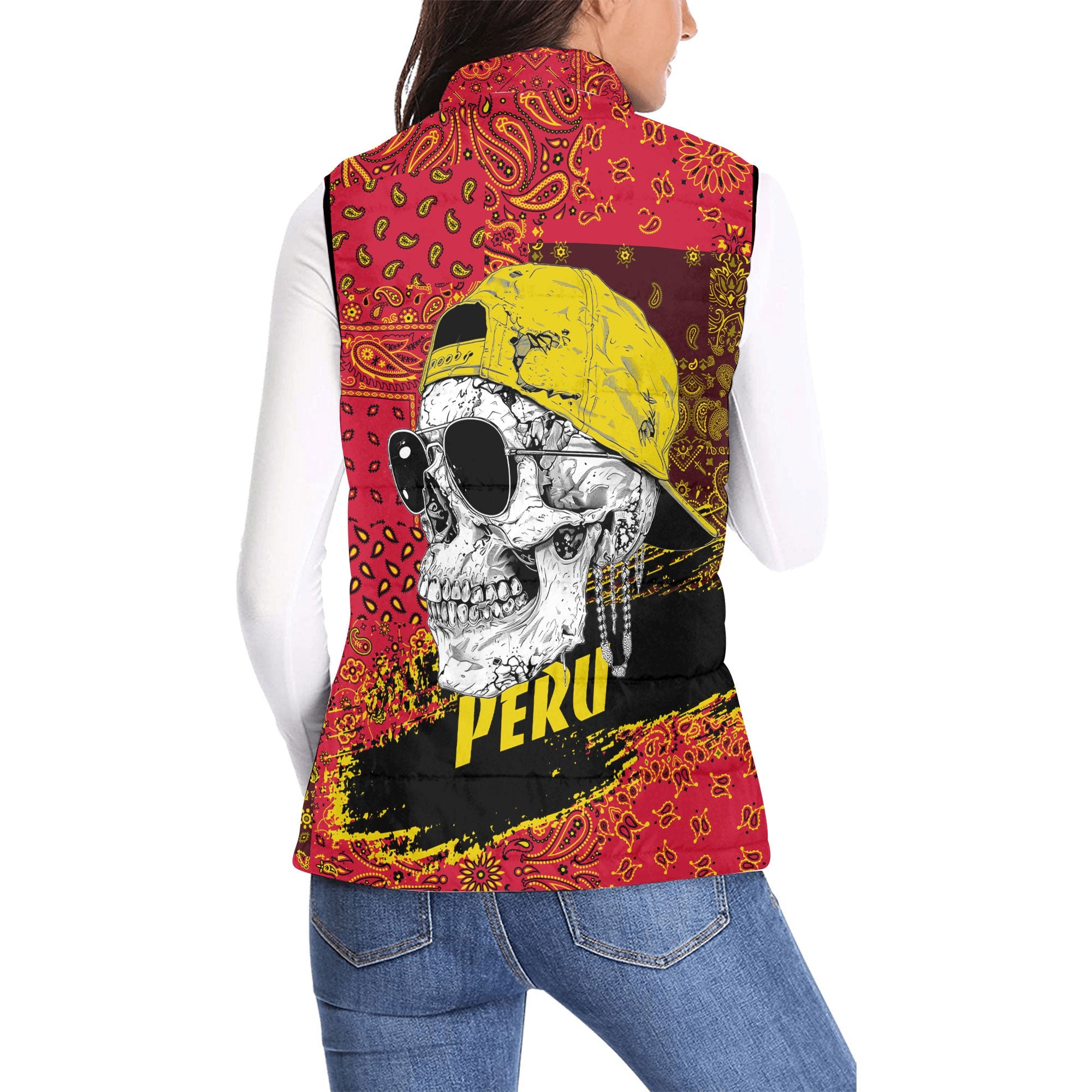 Peru Women Padded Jacket Vest Paisley Flag And Skull Style 2