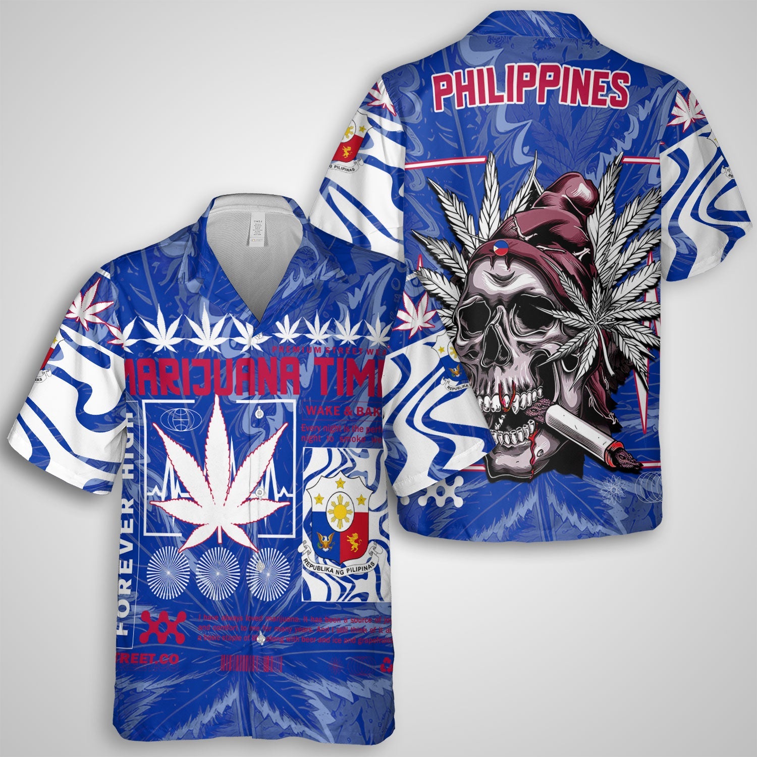 Philippines Hawaiian Shirt Flag & Coat Of Arms Marijuanas Style