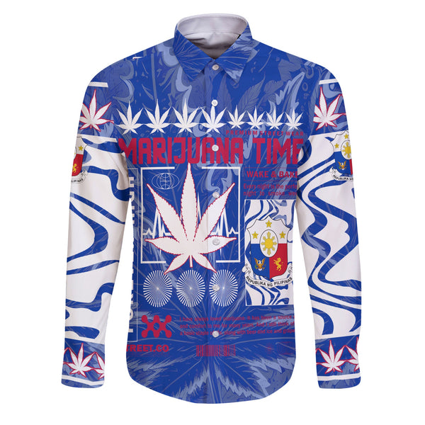 Philippines Long Sleeve Button Shirt Flag & Coat Of Arms Marijuanas Style