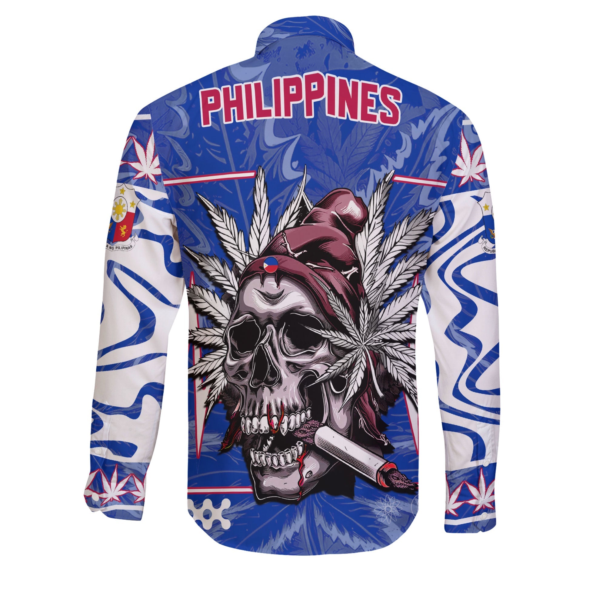 Philippines Long Sleeve Button Shirt Flag & Coat Of Arms Marijuanas Style